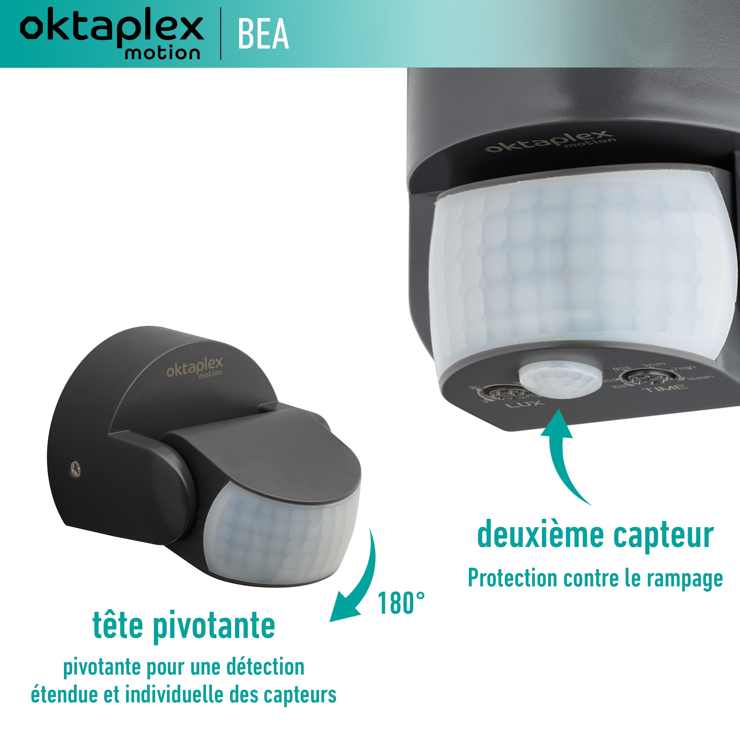 Oktaplex Bea détecteur de Mouvement extérieur IP65 | PIR à 180° avec portée de 12 m, orientable avec détecteur crépusculaire pour montage en saillie