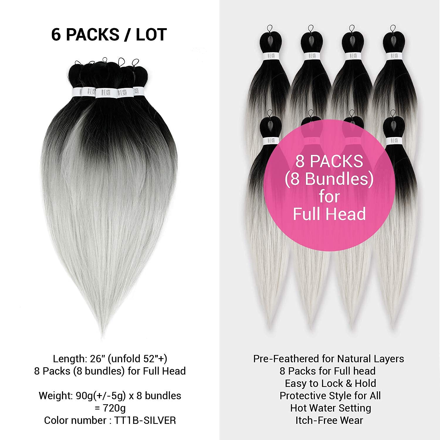26 Inch (unfold 52"+) 8 Packs AU-THEN-TIC Braiding Hair Pre Stretched B-Easy Ez Braid Synthetic Soft Yaki Crochet Braid Hot Water Setting Hair Extensions (26 Inch (Pack of 8), TT1B/SILVER)