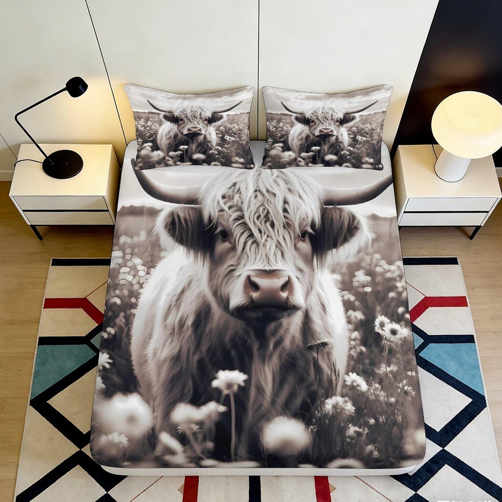 3D Printed Highland Cow Fitted Sheet Microfiber Soft Breathable Wildflower Mattress Cover for Bedroom Dorm Decor 90x200x25cm