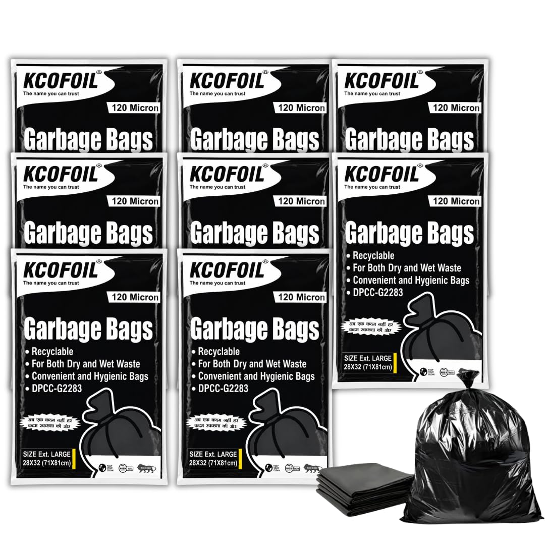 KCOFOIL 120-Micron Garbage Bag - Extra Large | 28 x 32 Inches | Lightweight & Leakproof Waste Bags | Heavy Duty Trash Bags for Home, Kitchen, Office & Bathrooms | Pack of 8