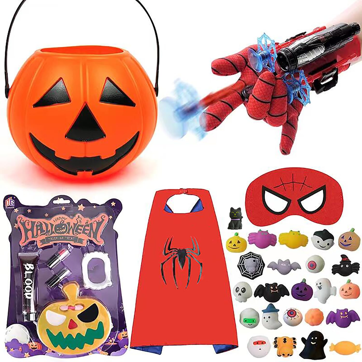 BeauentyHalloween Roleplay Sets,A Halloween Party Set with Masks, Cloaks, Spider Silk Launchers, Makeup Bags, Dentures, 24 Mochi Toys, and Pumpkin Torage Bags. (A)