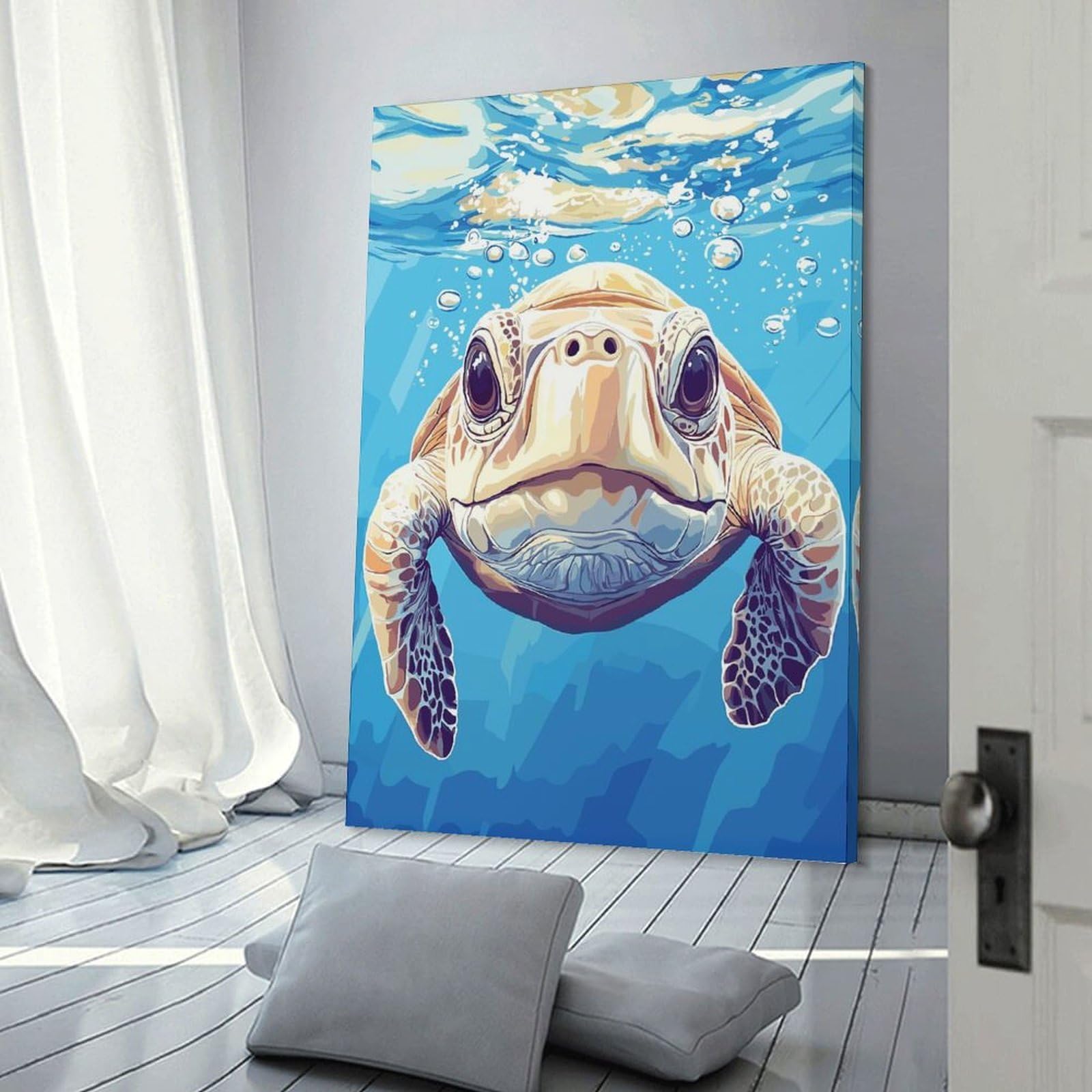 Junmoney Frame-Style-12 Sea Turtle Underwater Portrait Canvas Art Print 16X24inch(40X60cm), For Calm Bedrooms, Home Corners Or Flats, An Easy Wall Refresh For Bedrooms