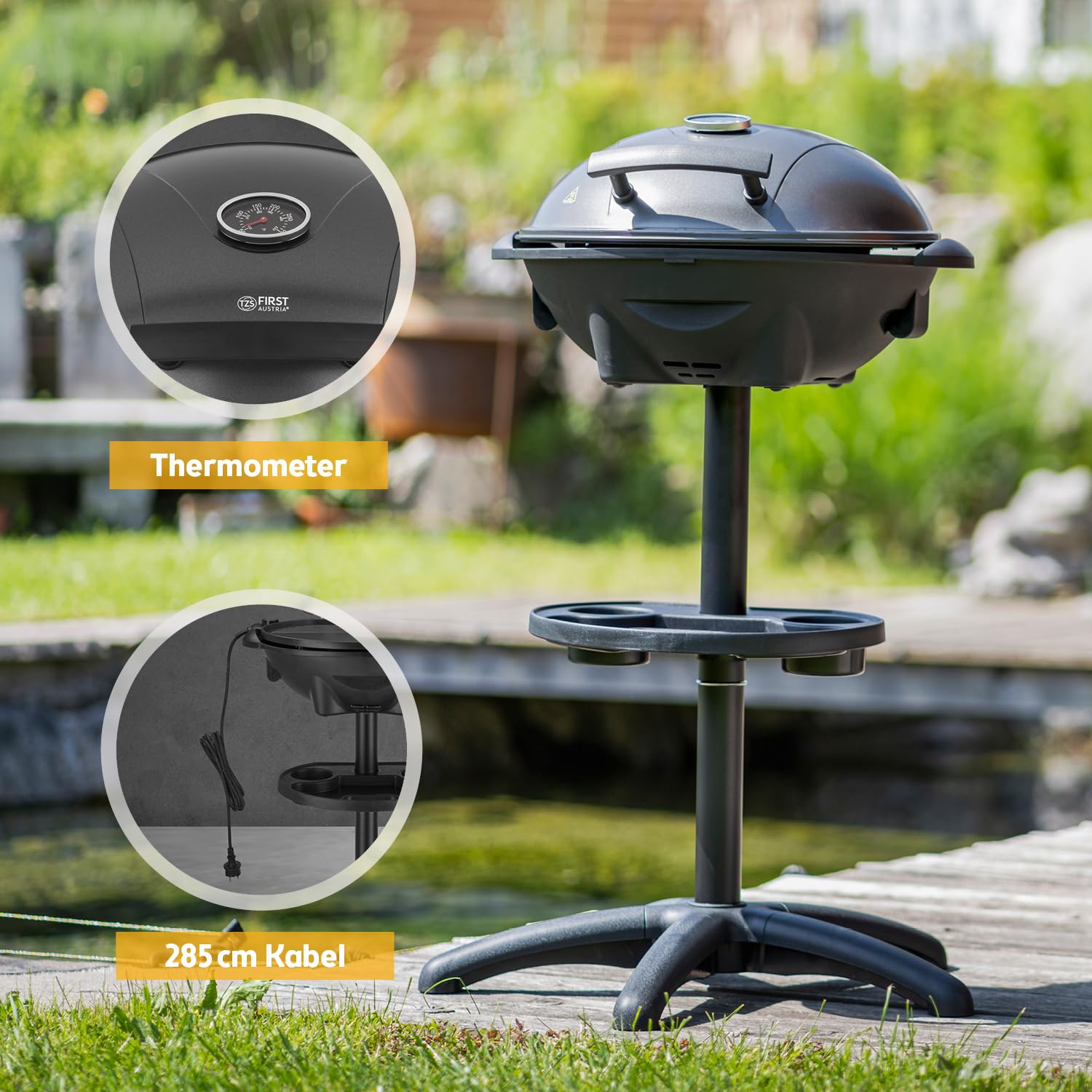 TZS First Austria - Elektrogrill 2 in 1 Tischgrill & Standgrill 2400W - Elektrischer Grill mit Standfuß für Balkon & Terrasse mit Deckel & Ablage - Elektro-Kugelgrill mit Thermometer & Tropfschale