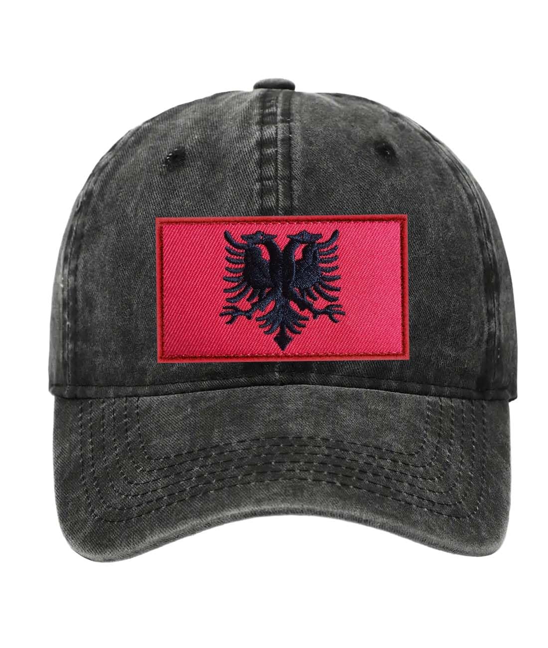 Petite Pine Albania Baseball Cap with Washed Cotton Fabric,Hat with Embroidered by Albanian Patch,Sun Hat,Adjustable Baseball Cap for Unisex Men Women Teens Washed Baseball Cap(Black)