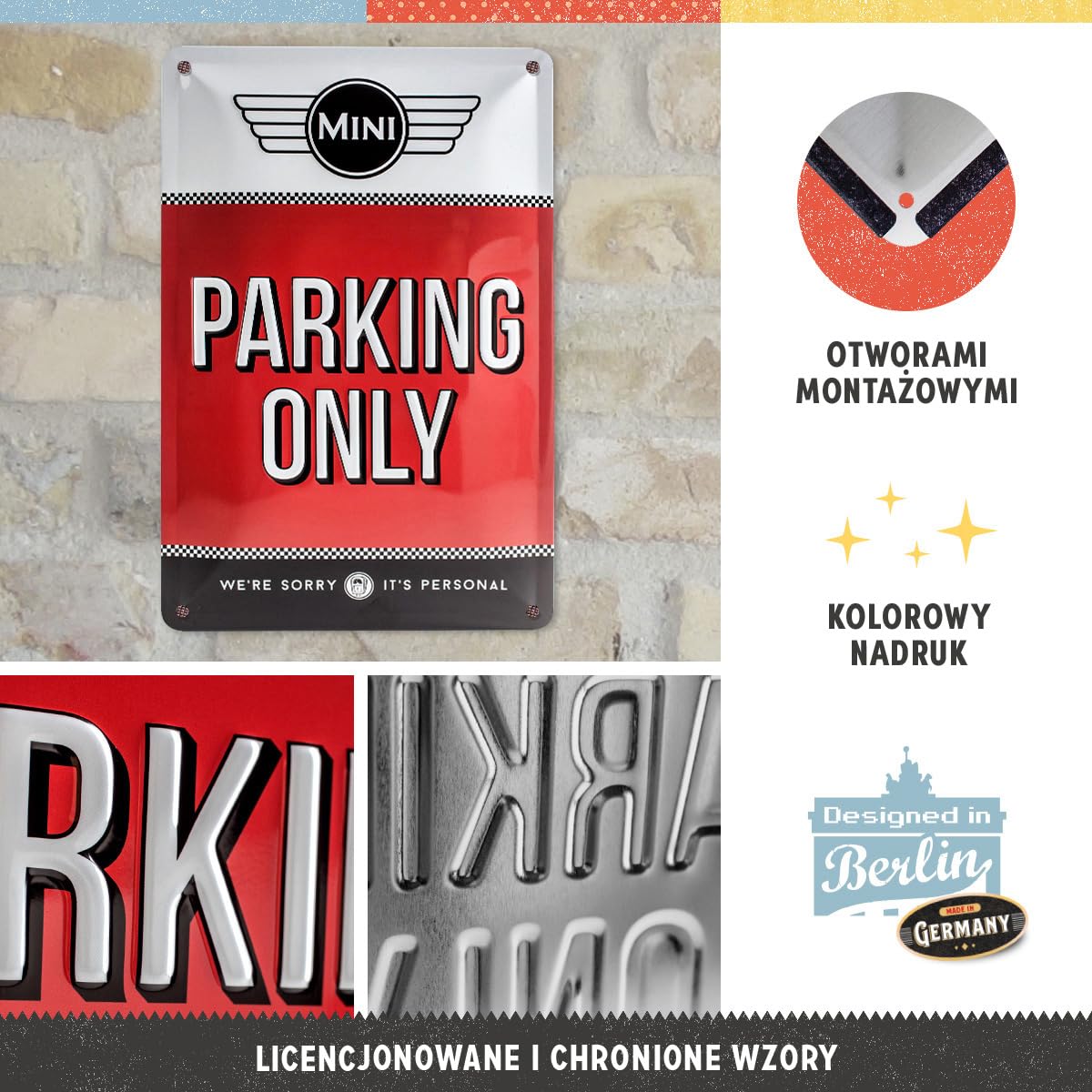 Nostalgic-Art Retro tabliczka z blachy, 20 x 30 cm, Mini – Parking Only Red – Pomysł na prezent dla miłośników Mini Coopera, Official License Product (OLP), z metalu, Styl vintage
