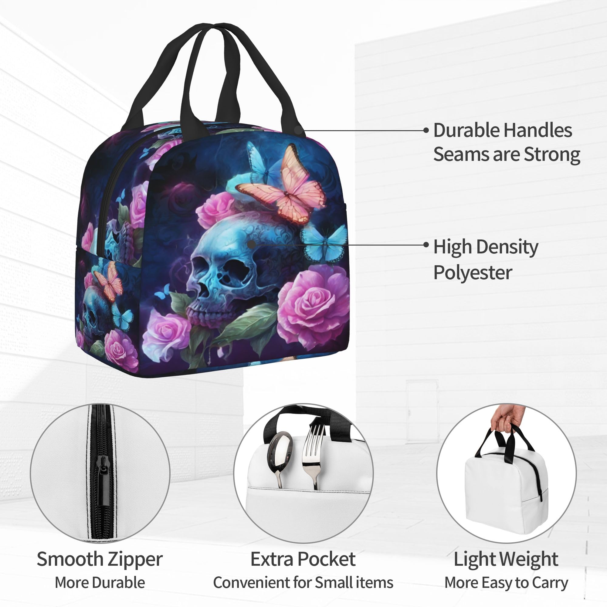 HUGS IDEA Lunch-Tasche Mit Gothic-Totenkopf-Design – Isoliert, Für Frauen & Teenager