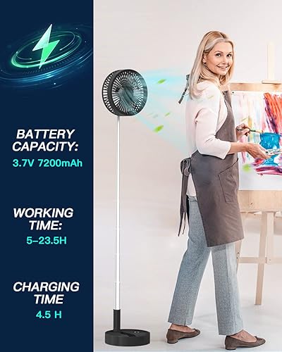 Miniatura 3 de AICase Ventilador de pie, ventilador telescópico portátil plegable de 8 pulgadas, ventilador de escritorio USB con batería recargable de 7200