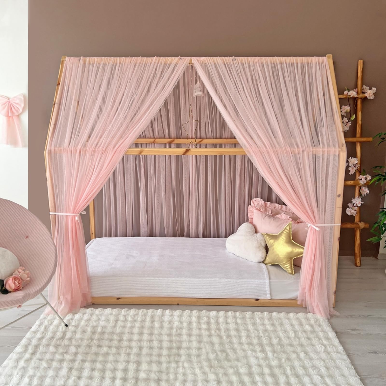Toldo de cama estilo princesa para niñas, decoración de habitación de niños para camas Montessori, regalo de tul suave para niños pequeños (rosa bebé, 300 cm, sin accesorios)