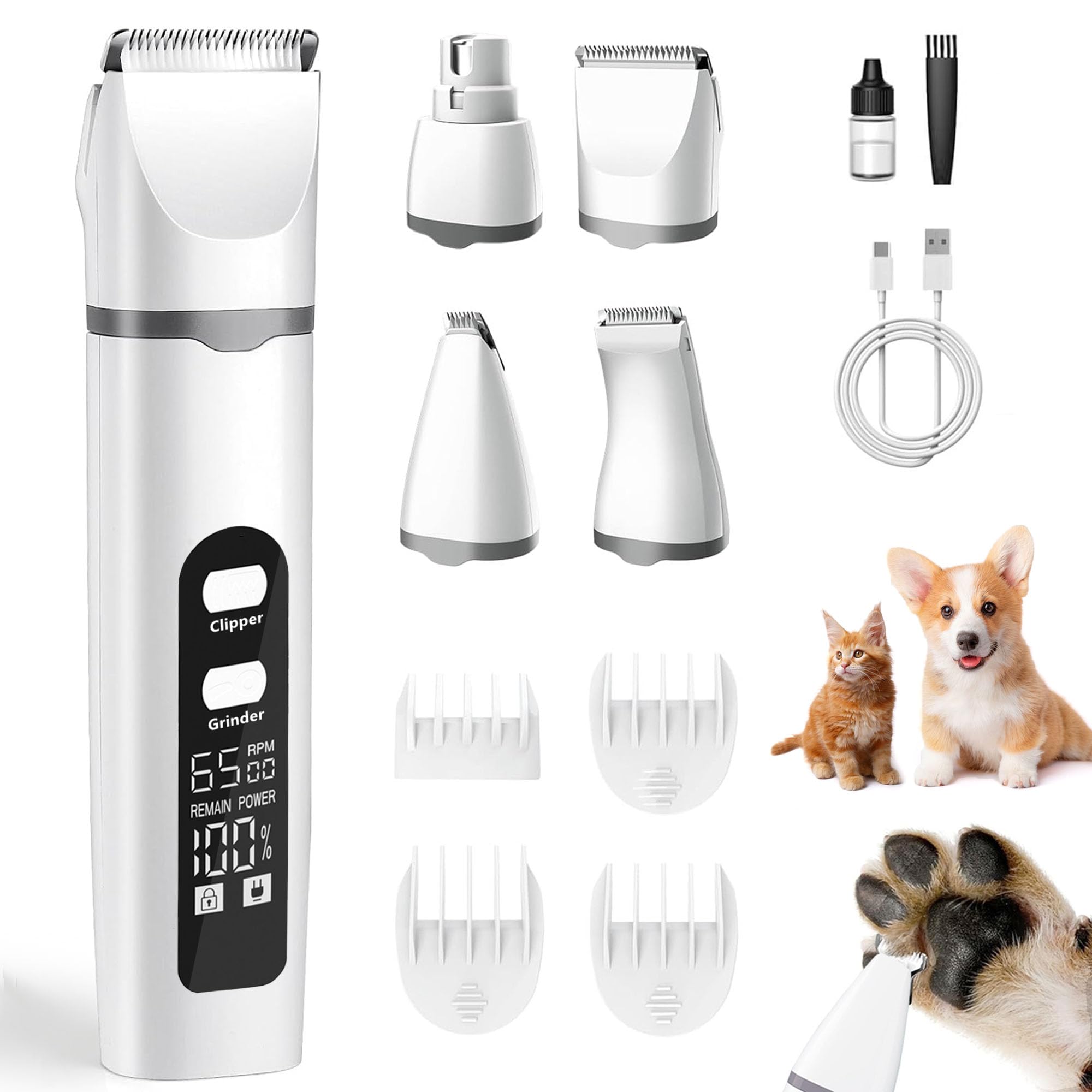 Dog Clippers for Grooming, 4 in 1 Dogs Paw Trimmer Pet Grooming Kit, Low Noise Dog Shavers with Nail Grinder Quiet, Rechargeable Cordless Electric Pets Clippers, 2-Speed Pet Hair Trimmer for Dogs Cat