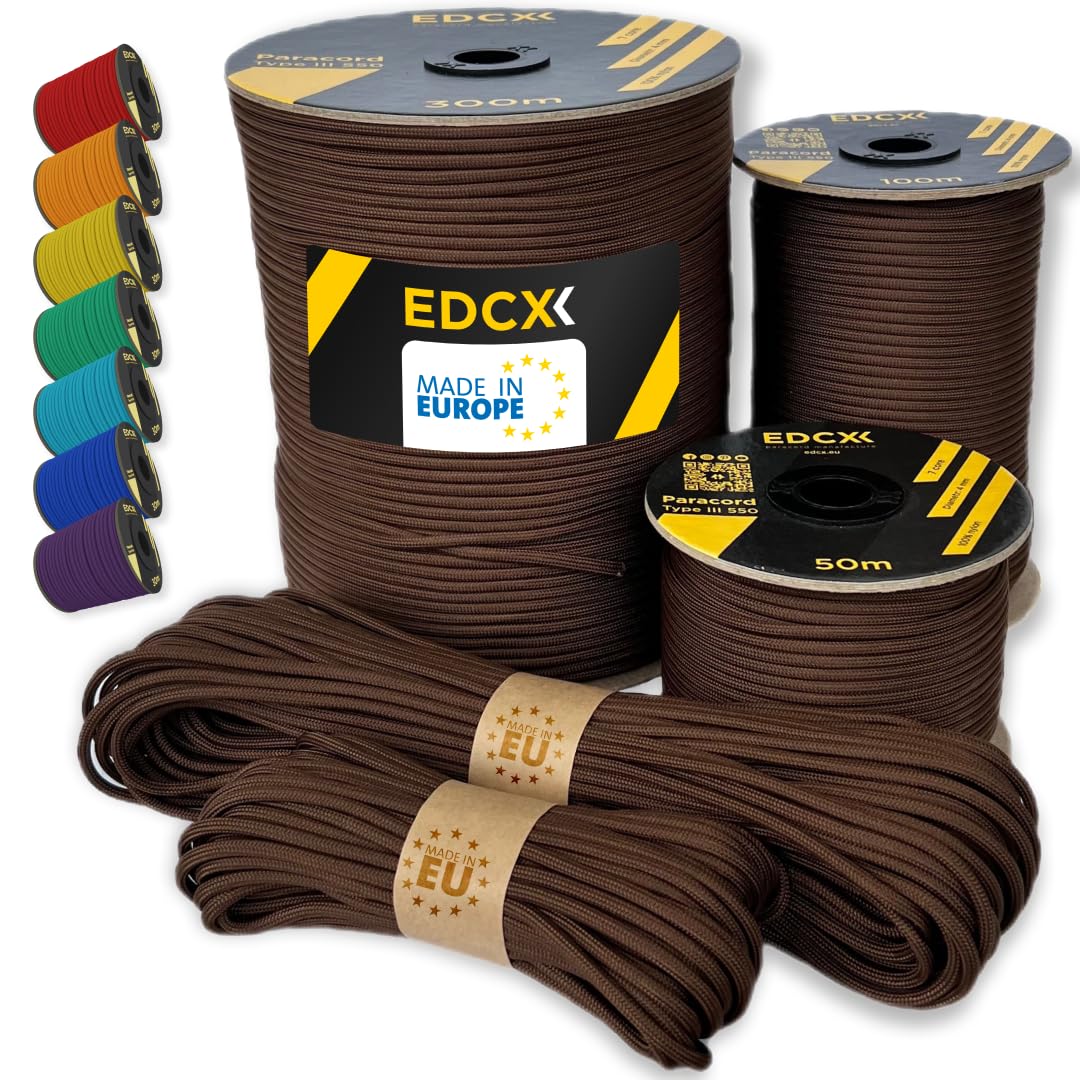 EdcX Paracord 4mm, 35+ Solid Colors (10m, 15m, 30m, 50m, 100m, 300m) | Ideal for Crafting, DIY, Camping, Survival, Outdoor | 100% Nylon Rope 4mm | Tactical Cord 550 Type III (Chocolate, 30 m)