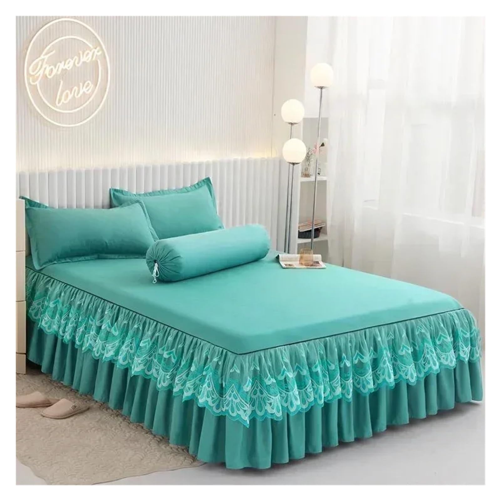 Ruffle Lace Skirt Bedspread Home Textile Solid Bed Skirt Bedroom Coverlets Bedspreads Sheets Cover Bedding(Green,Twin)