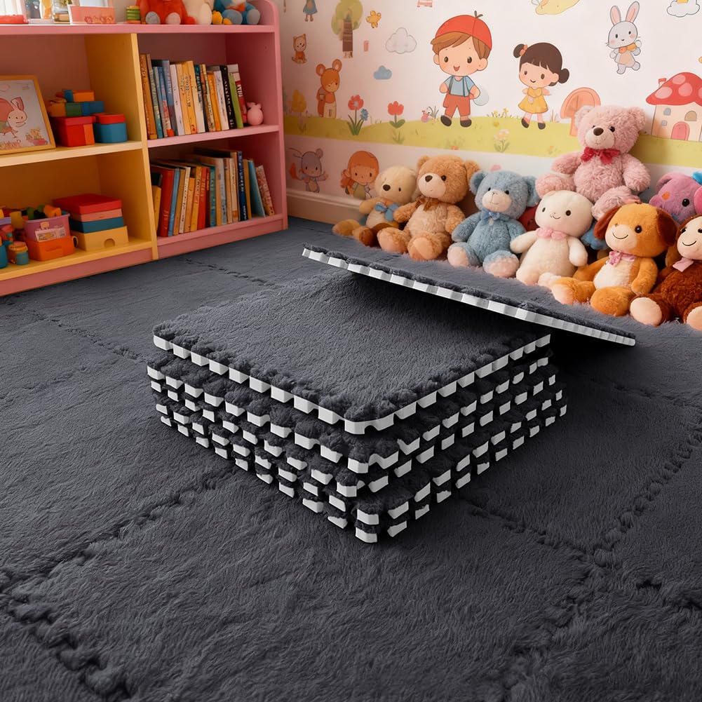 12 Stück Teppichboden Schaumstoffmatte, Plüsch Teppichfliesen, Ineinandergreifender Wohnzimmer Memory Foam Teppich (Schwarz)