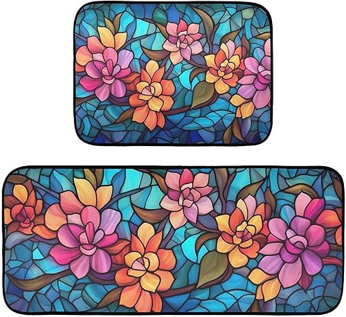 Miniatura 1 de Juego de 2 tapetes de cocina para piso, estampado floral de vitrales, antideslizantes, acolchados, absorbentes de agua, tapetes para puerta para