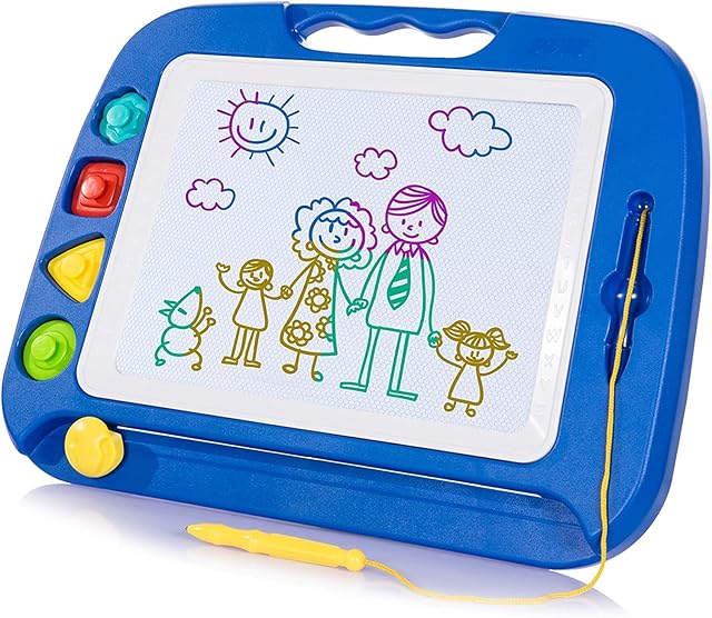 SGILE Large Magnetic Drawing Board - 4 Colors 42×33cm Doodle Pad with 4 Stamps for Toddlers, Learning Toy Gift Magna Doodle Board Etch Sketch Toys for 36+ Month Kids Girls Boys, Blue