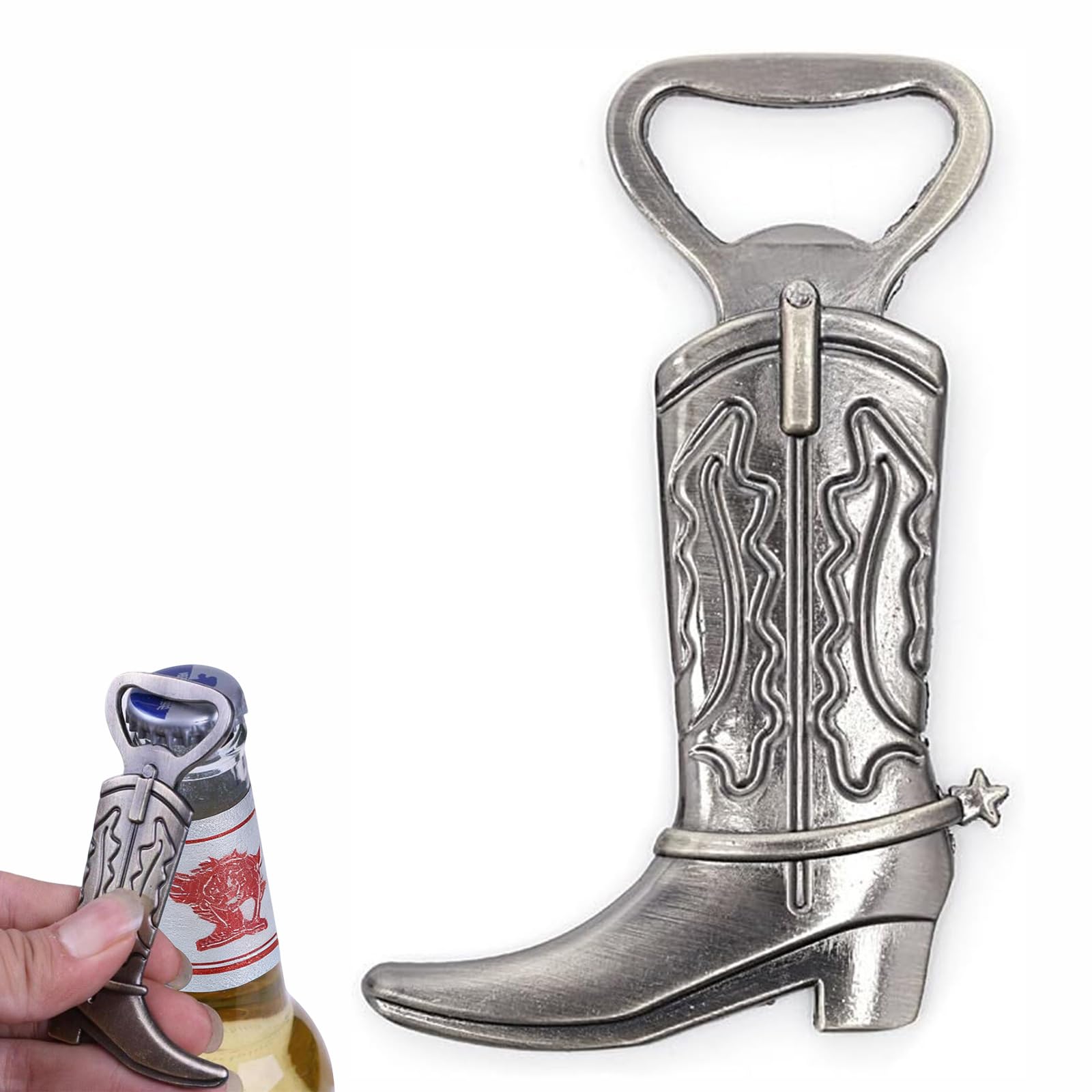 ApexPine Cowboy Boot Bottle Opener, Western Just Hitched Bottle Opener, Zinc Alloy Antique Silver Beer Opener for Wedding Favors, Birthday Party, Western Theme Decor & Guest Gifts