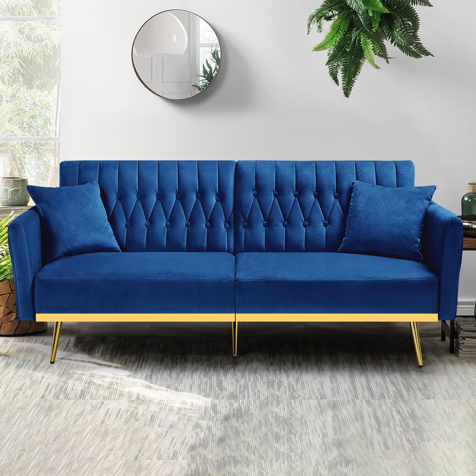 70” Velvet Futon Sofa Bed w/Adjustable Armrests, Blue | Convertible Sleeper Bed w/Adjustable Backrests, Modern Loveseat Couch w/Two Pillows for Living Room, Bedroom
