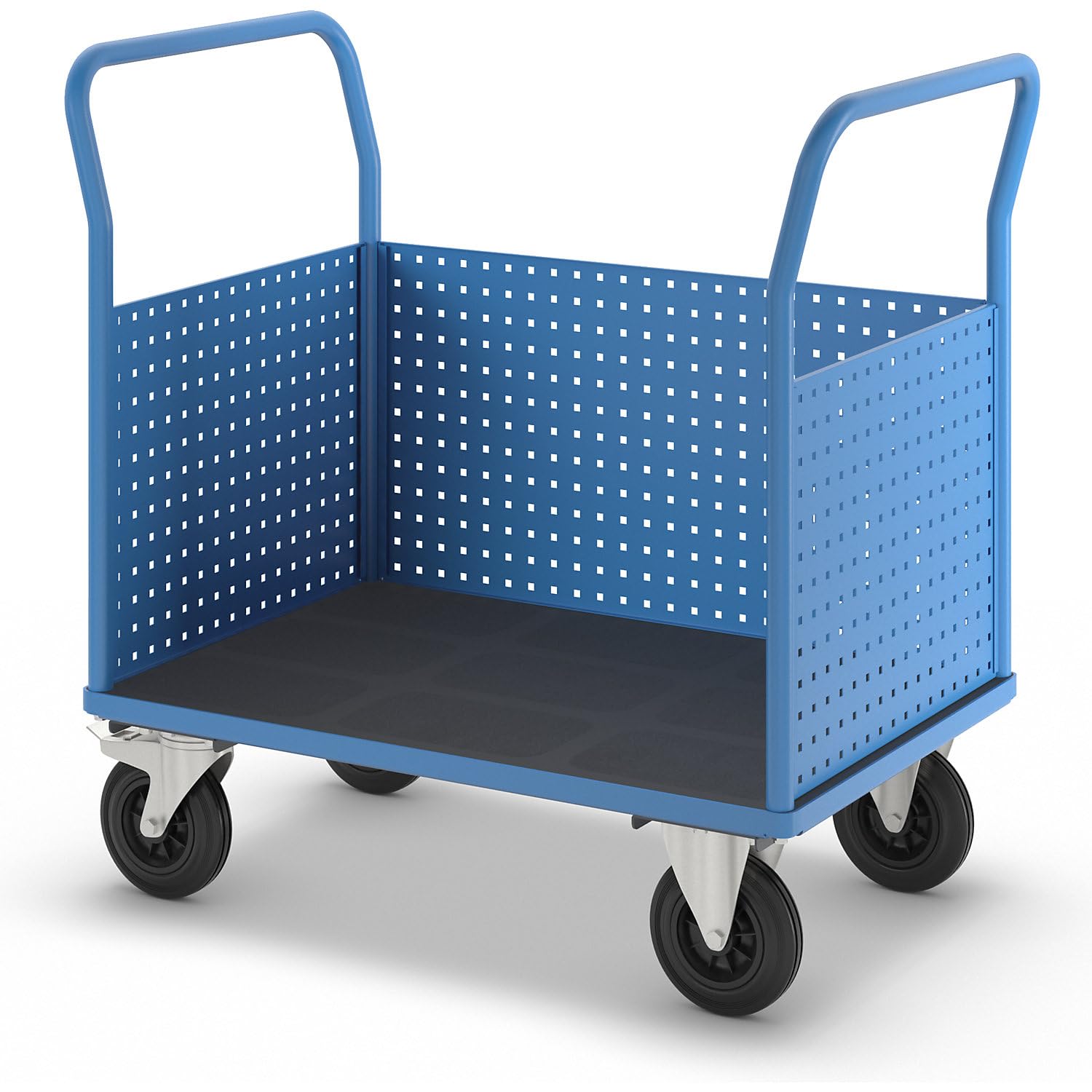 eurokraft pro | Plattformwagen | Mit 3 hohen Lochblechwänden, LxB 1050 x 700 mm, Vollgummi