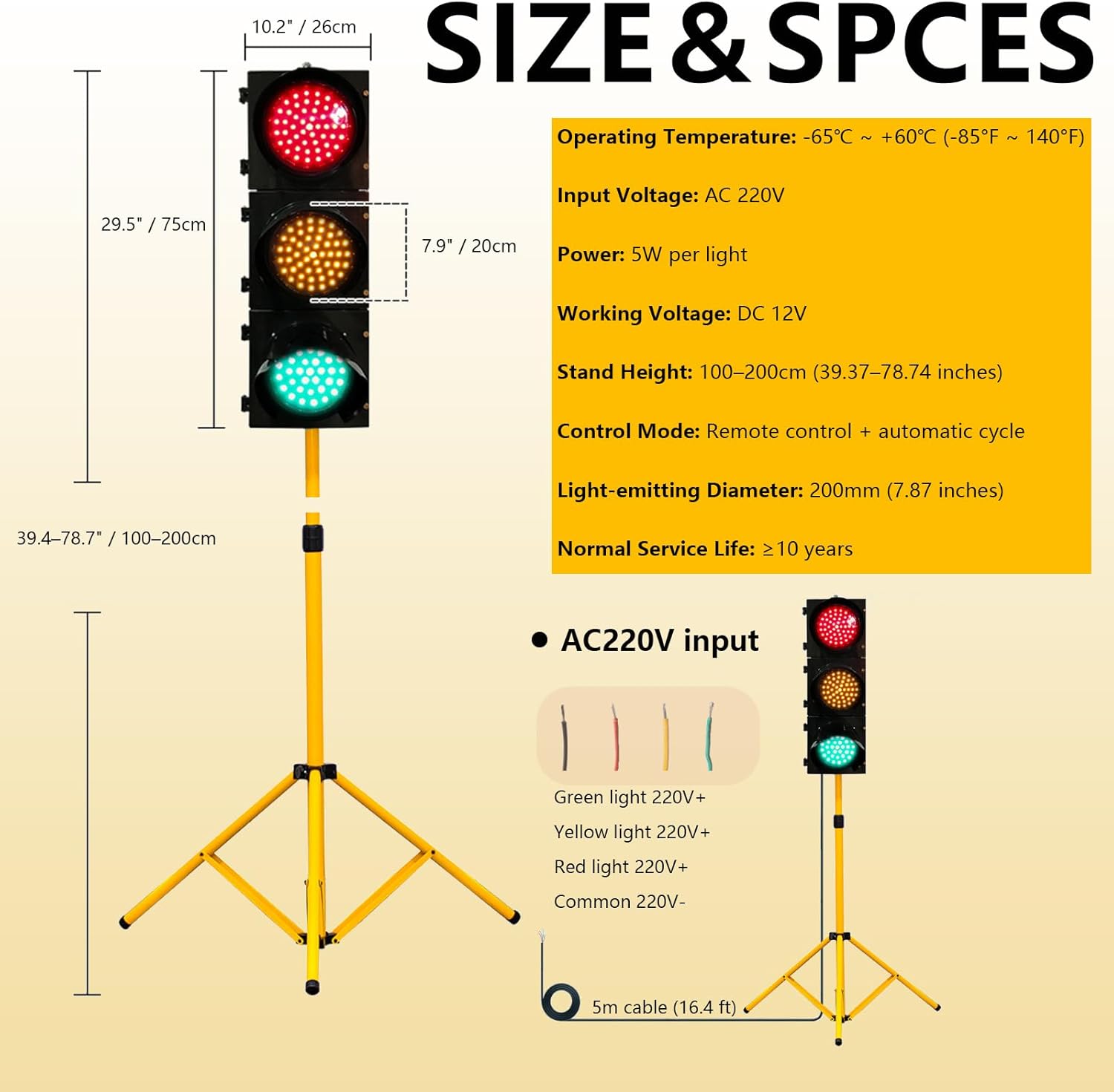 Floor Traffic Light for Classroom, 3-Color Stop Light Lamp with Remote Control, Adjustable Height Classroom Traffic Light for Traffic Safety Teaching, Temporary Road Signal Light 200-Type