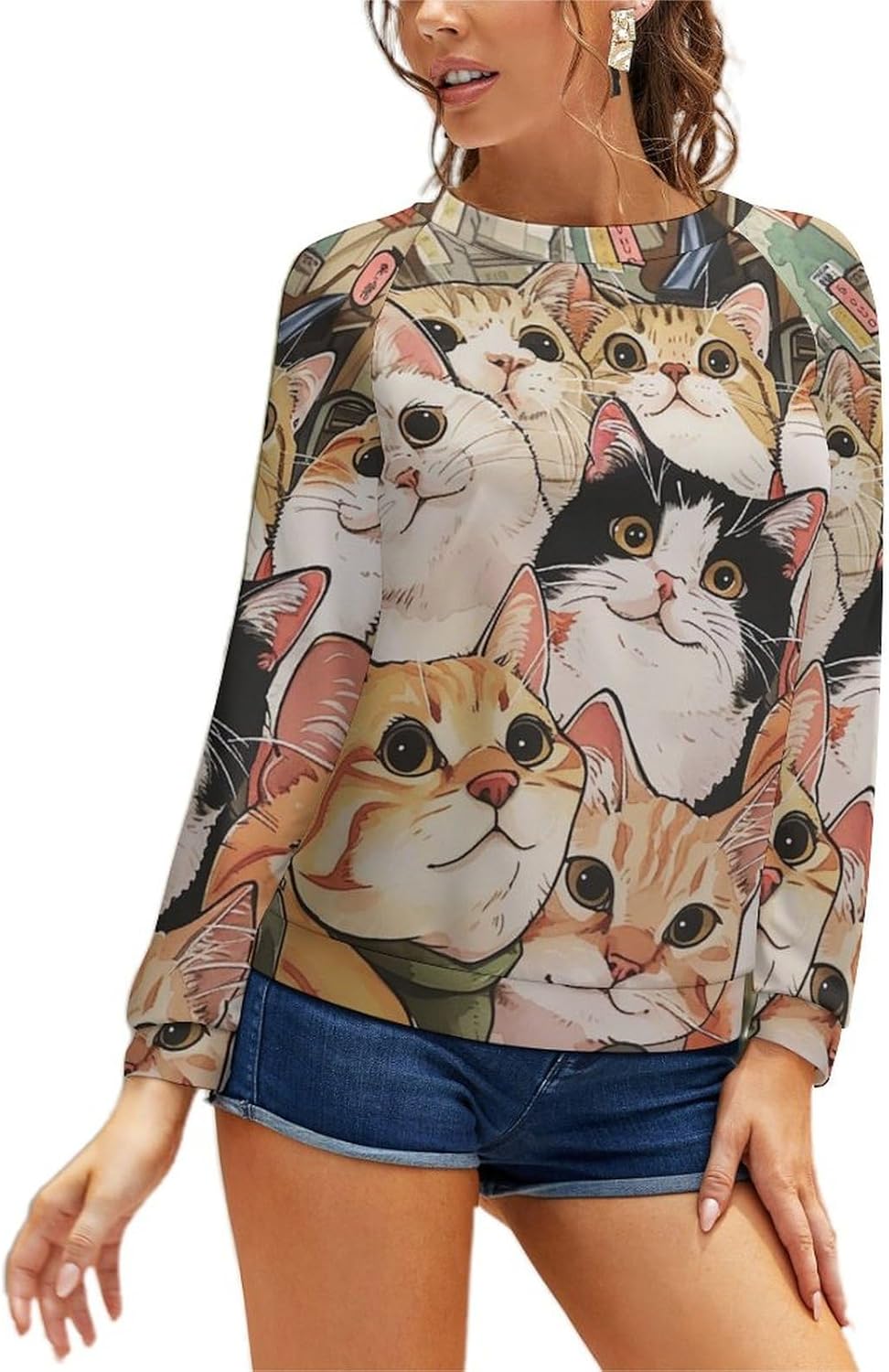 Long Sleeve Shirt Women Fall Cat Print Funny Hide Belly Vacation Plus Size Ladies Hippie Dressy Sweaters - Image 6