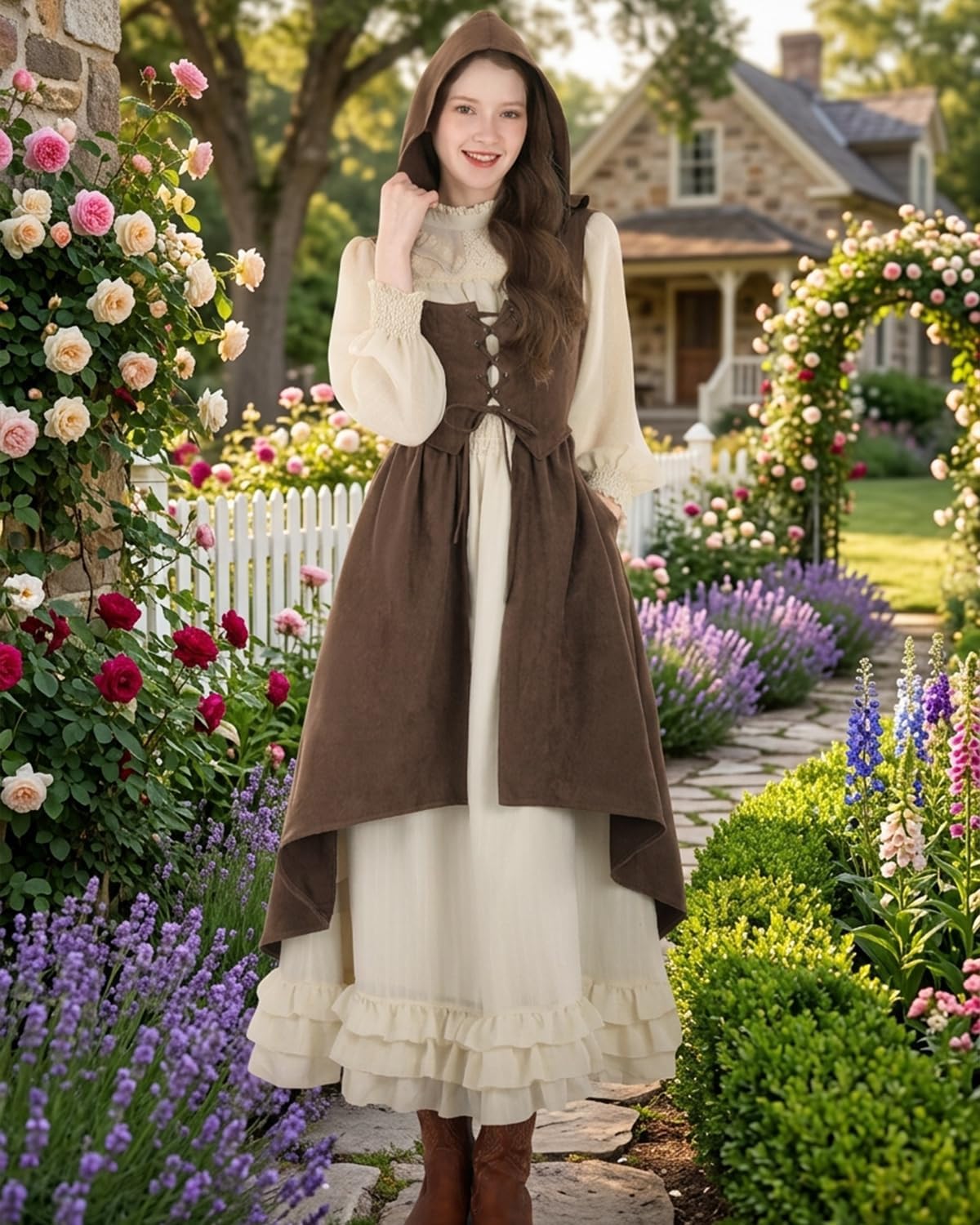 CR ROLECOS Renaissance Corset Women Medieval Costume Vintage Ren Faire Hooded Low-Cut Bustier Corsets