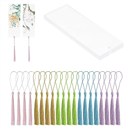 Marcapáginas de acrílico transparente en blanco, 20 marcadores de libro de acrílico transparente para manualidades de plástico con 20 borlas