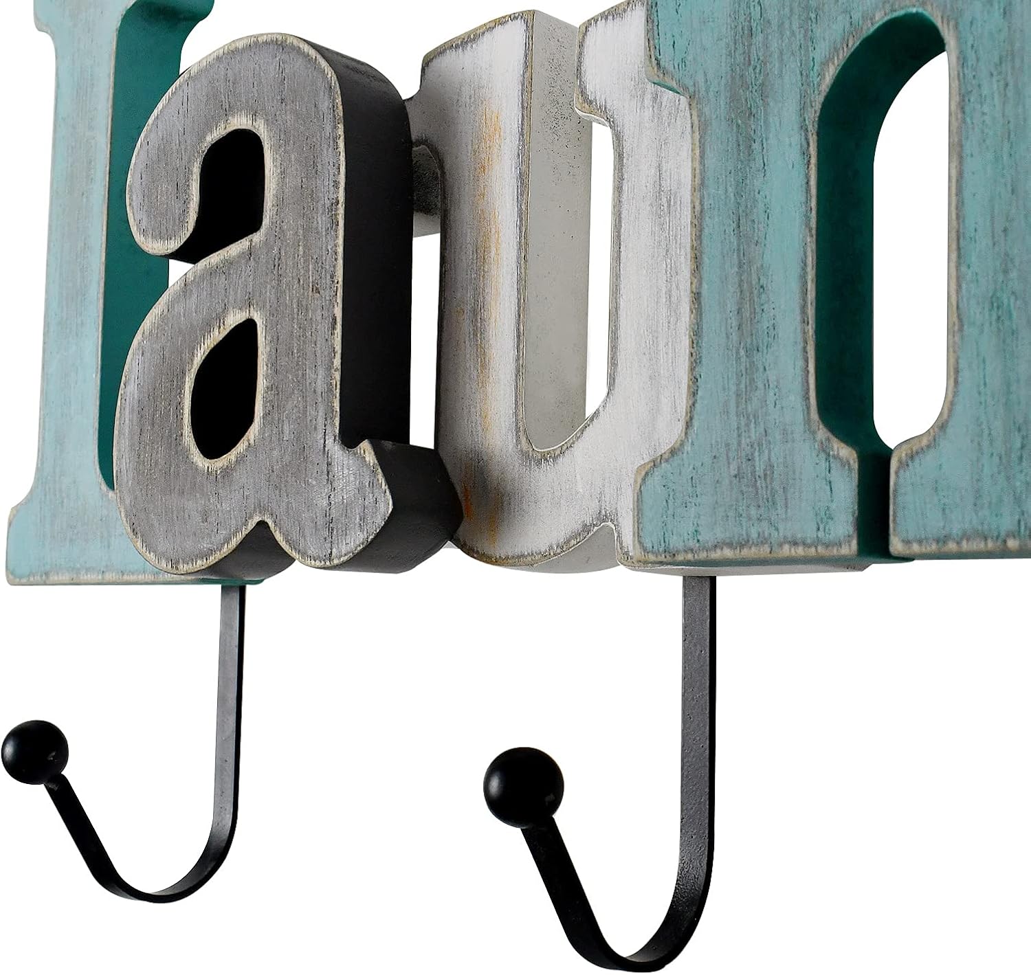Aecipl Teal Wooden Letters Sign Decorative Wood Block Signs Hanging Ornament Rustic Home Decor - Towel Hanger Key Holder for Bedroom Entryway Bathroom Word Cutout with 4 Hooks (Laundry)