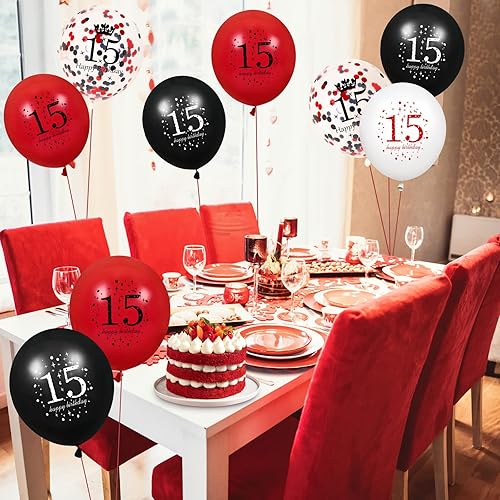 Miniatura 7 de Globos de 15 cumpleaños, 16 globos de látex rojos y negros para niñas y niños, decoraciones de fiesta de feliz cumpleaños de 15 años