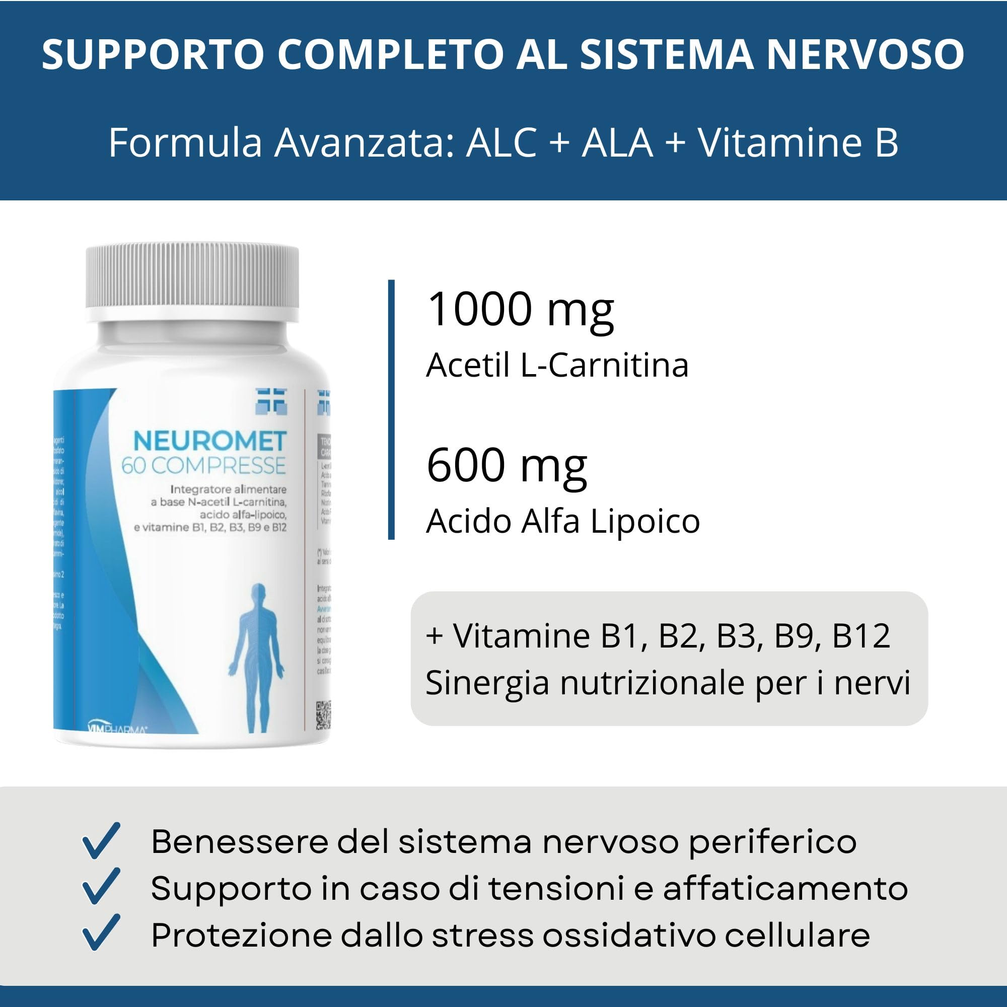 VIMPHARMA Integratore di Acetil l Carnitina Acido Alfa Lipoico Niacina NEUROMET Vegano Naturale Efficace per benessere Sistema Nervoso Stanchezza 60 Cpr Made in Italy