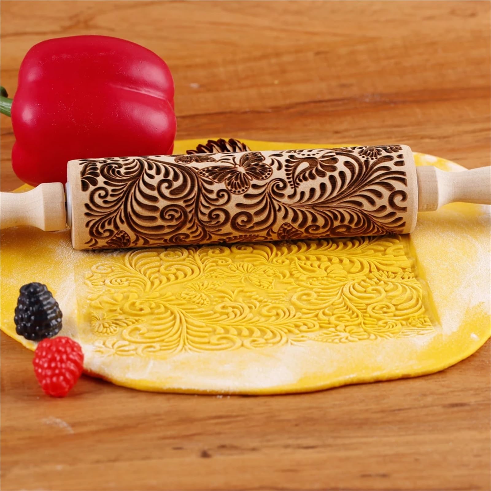 Rodillo de madera con relieve de mariposa de 13,7 pulgadas for repostería, cocina, herramientas for hornear, grabado profundo de enredadera de árbol, sello for galletas. Rodillo para Masa Madera