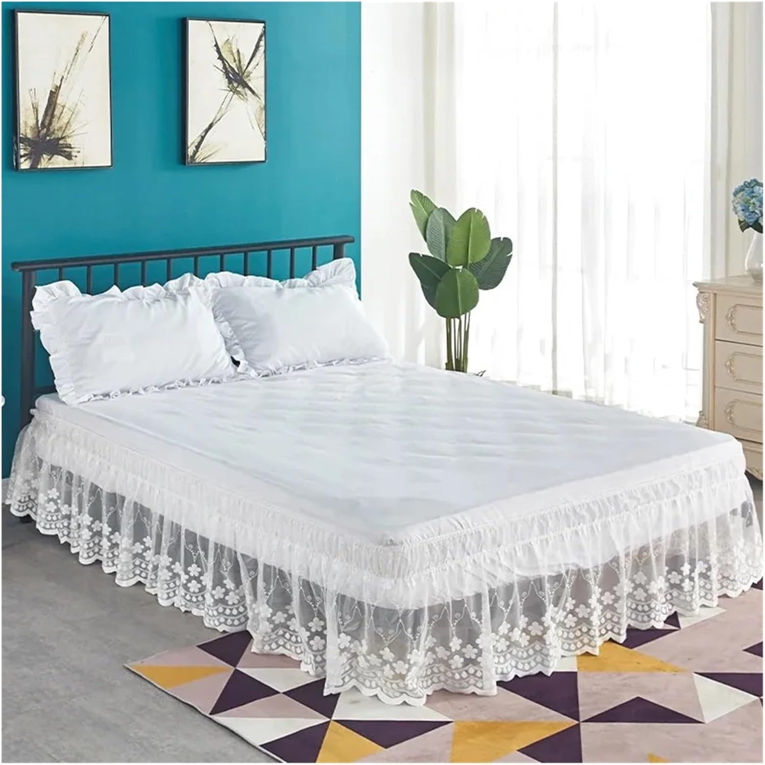 Wrap Around Bed Skirt 18 Inch Drop Lace Bed Skirts Wrap Around Ruffled Wrap Around Elastic Bed Skirts Without Bed Surface Twin Full Queen King Size(White,Queen 150x200x45cm)