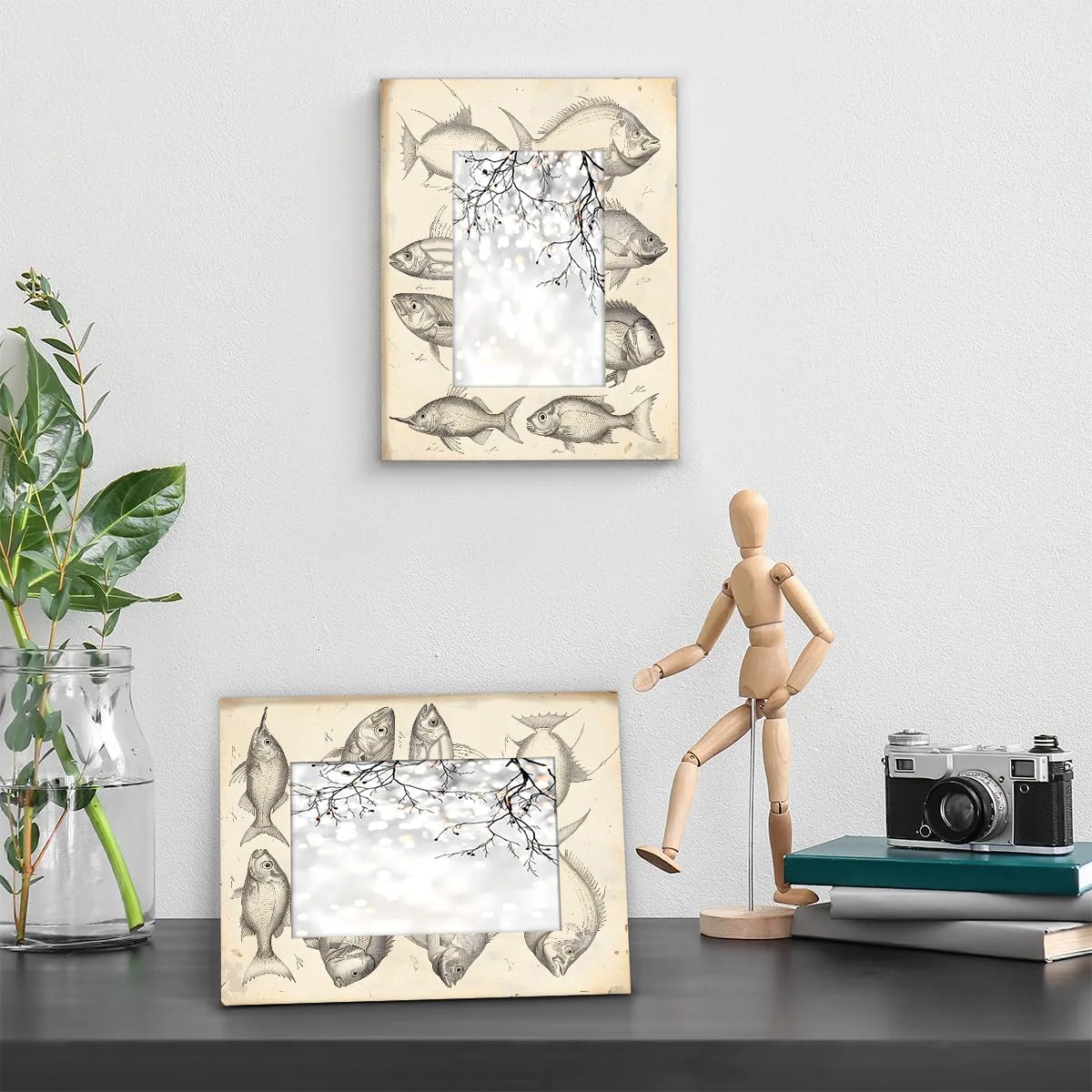 Fish 8x10 Picture Frame, Vintage Fishes Wood Photo Frame for Wall or Tabletop Display Pictures 5x7 with Mat or 8x10 without Mat