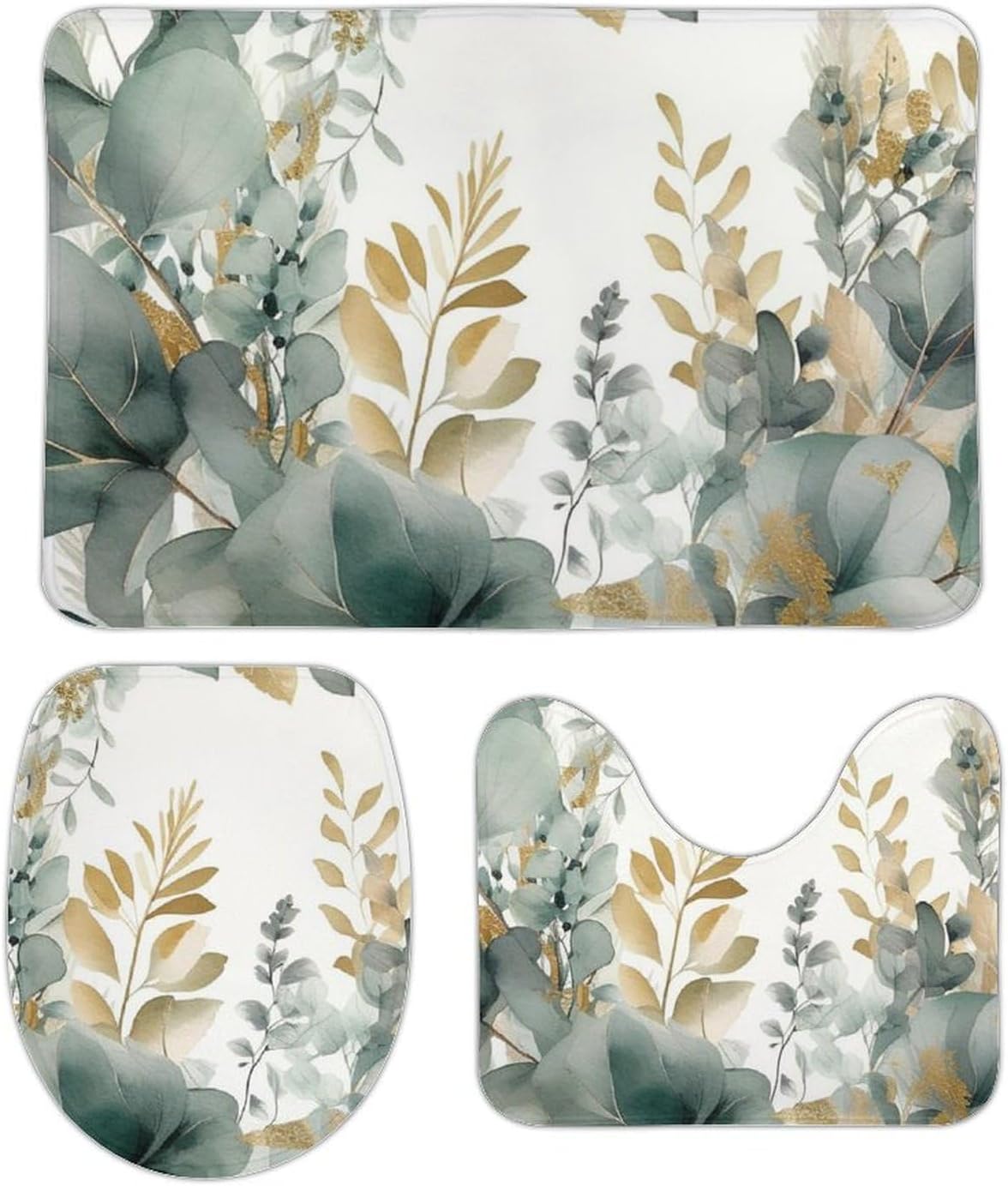 Anti-Skid Floor Mats 3 Piece Set,Gold and Green Leaves Printed Coral Fleece Bathroom Mats U-Shaped Contour Mat Toilet Seat Cover for Bathroom, Tub, Shower, Kitchen 19.7"x31.5"