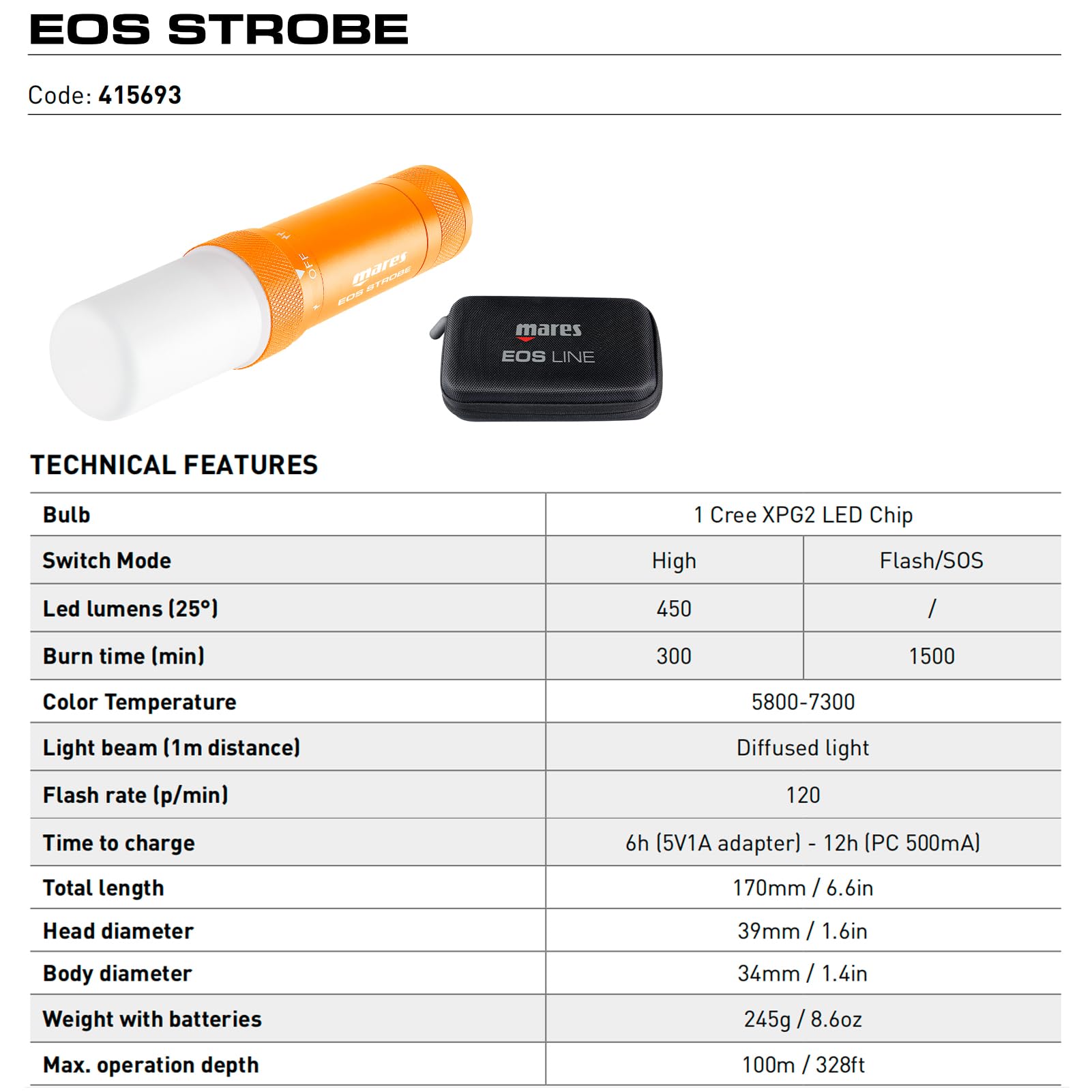 Mares Lampe Torche LED Rechargeable en aluminium