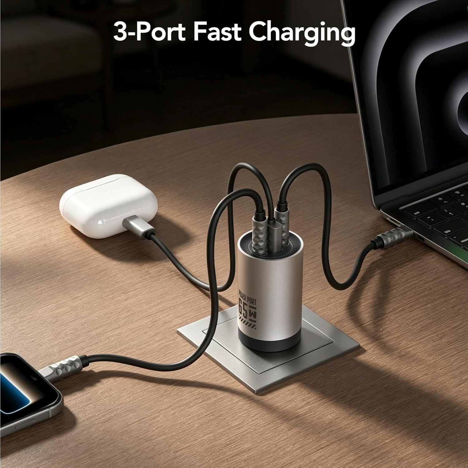 65W GaN Fast Charging Station, USB C Charger with 5ft Detachable Nylon Braided Extension Cord, 2 USB-C & 1 USB-A Wall Charger for iPhone, iPad, MacBook, Samsung Galaxy, AirPods (Space Silver)