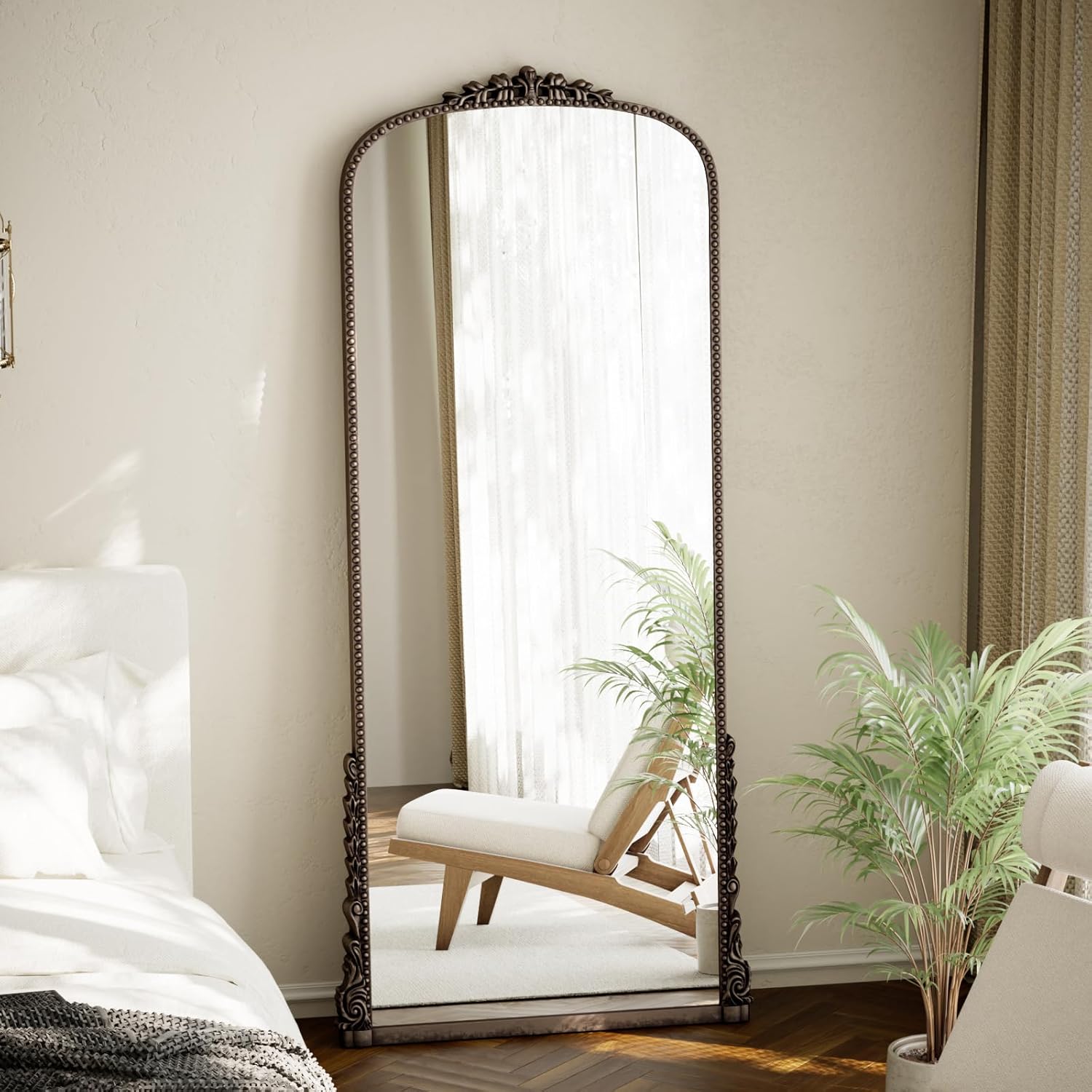 Arched Full Length Mirror with Bead, 69x28 Full Body Standing or Wall-Mounted Mirror, Baroque Wall Decor for Living Room, Bedroom, Entryway, Antique Bronz