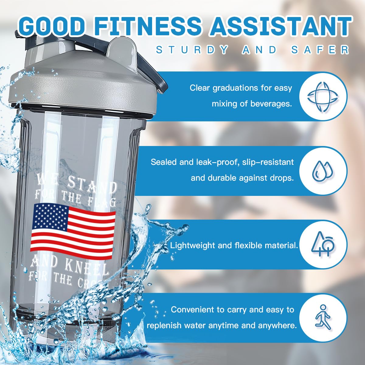 I Stand for The Flag I Kneel for The Cross 3 18 Ounce Shaker Cup,Fashion Theme Pattern Shaker Bottle Leak-proof Workout Shake Bottles 500ML/18 oz Perfect for Pre Workout Gray 0