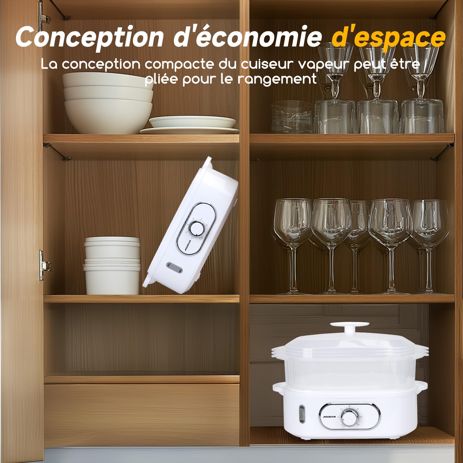 Aigostar Cuiseur Vapeur Electrique 12L, Cuiseur Vapeur Avec 3 Récipients Empilables, Support Pour Cuire les œufs, Minuterie de 60 Minutes, Récipient Pour Cuire le riz, Sans BPA, 900 W