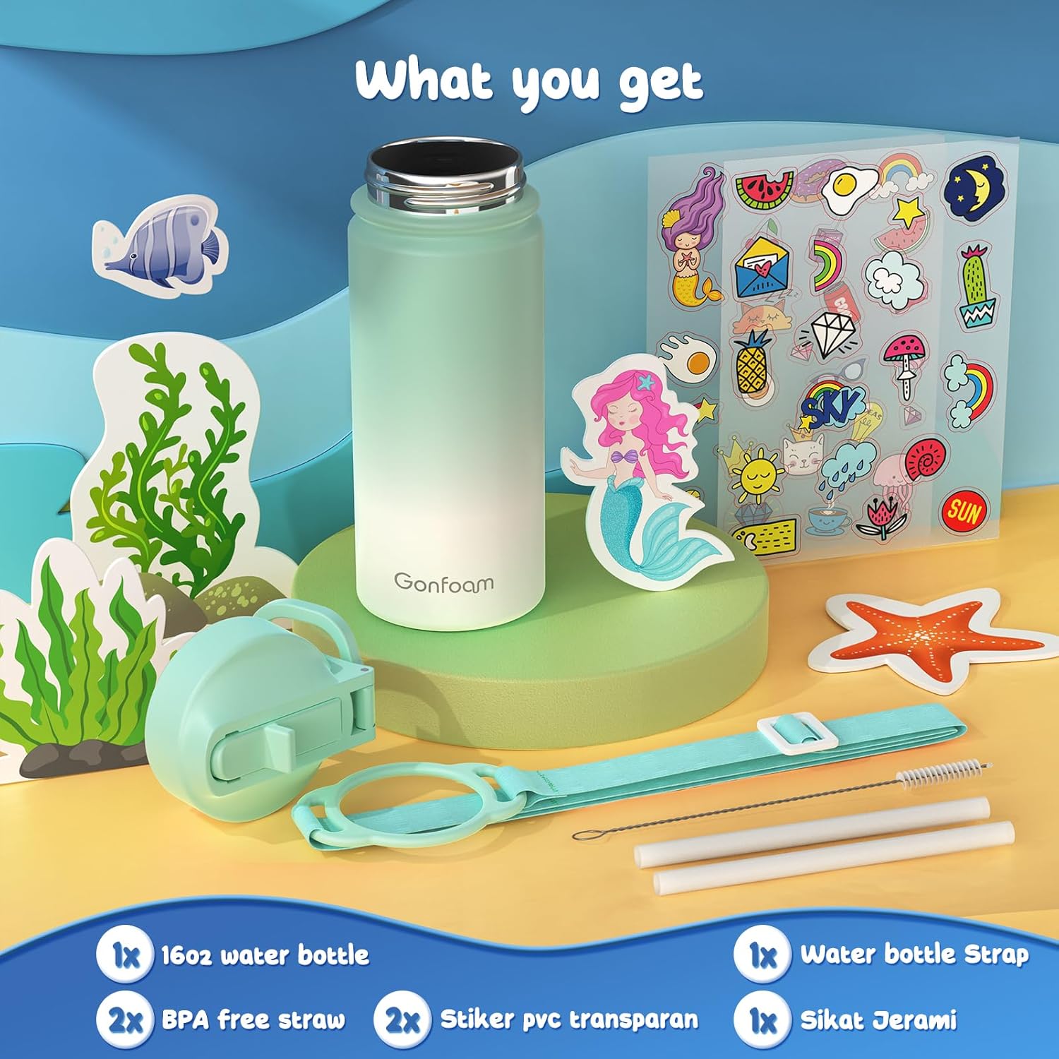 Kids Water Bottle, 16oz Kids Water Bottle with Stickers for School, insulated Stainless Steel Straw Cup(Green/White) - Image 5