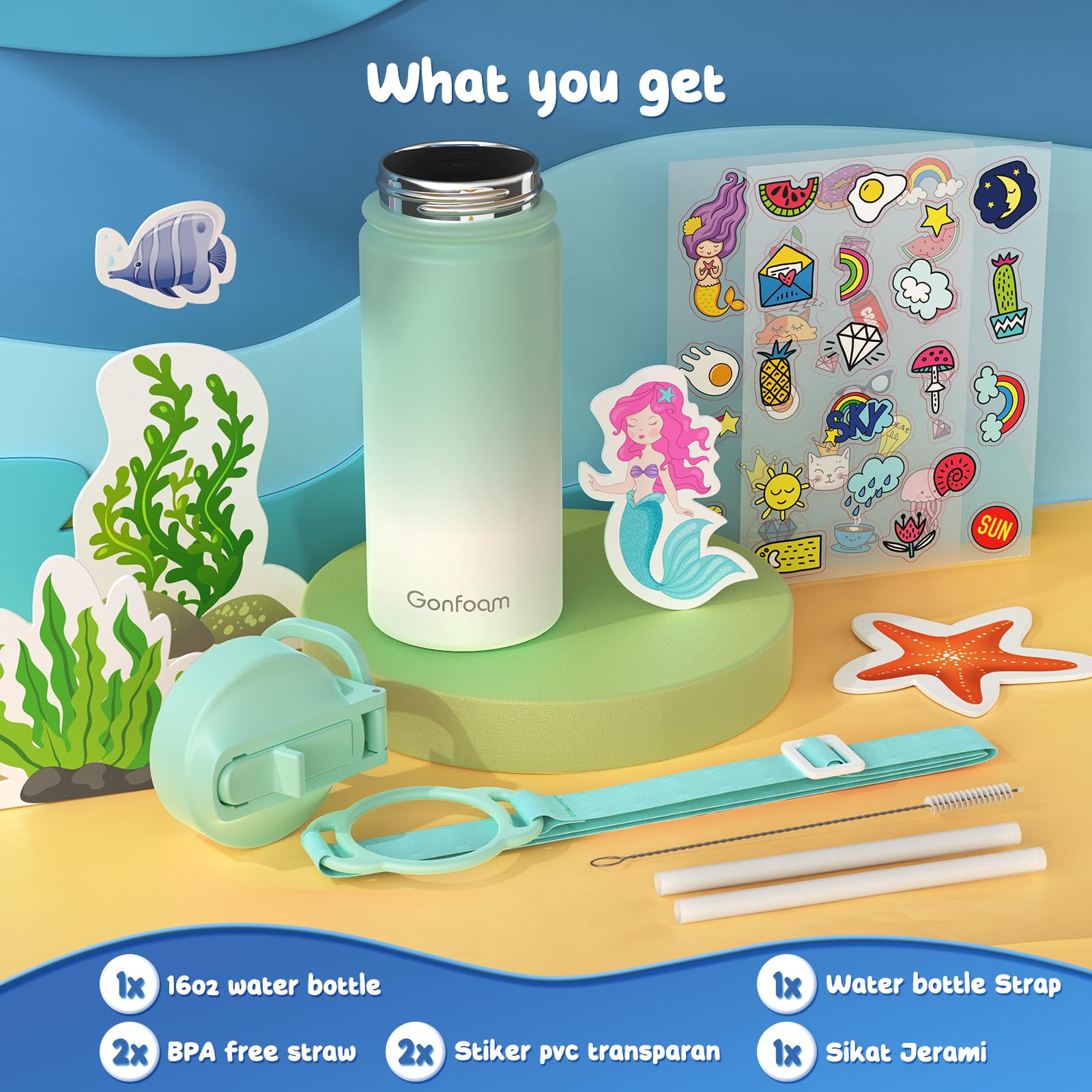 Botella de agua para niños, botella de agua para niños de 16 onzas con calcomanías y popote, taza de popote de acero inoxidable, botella de agua para la escuela (verde/blanco)