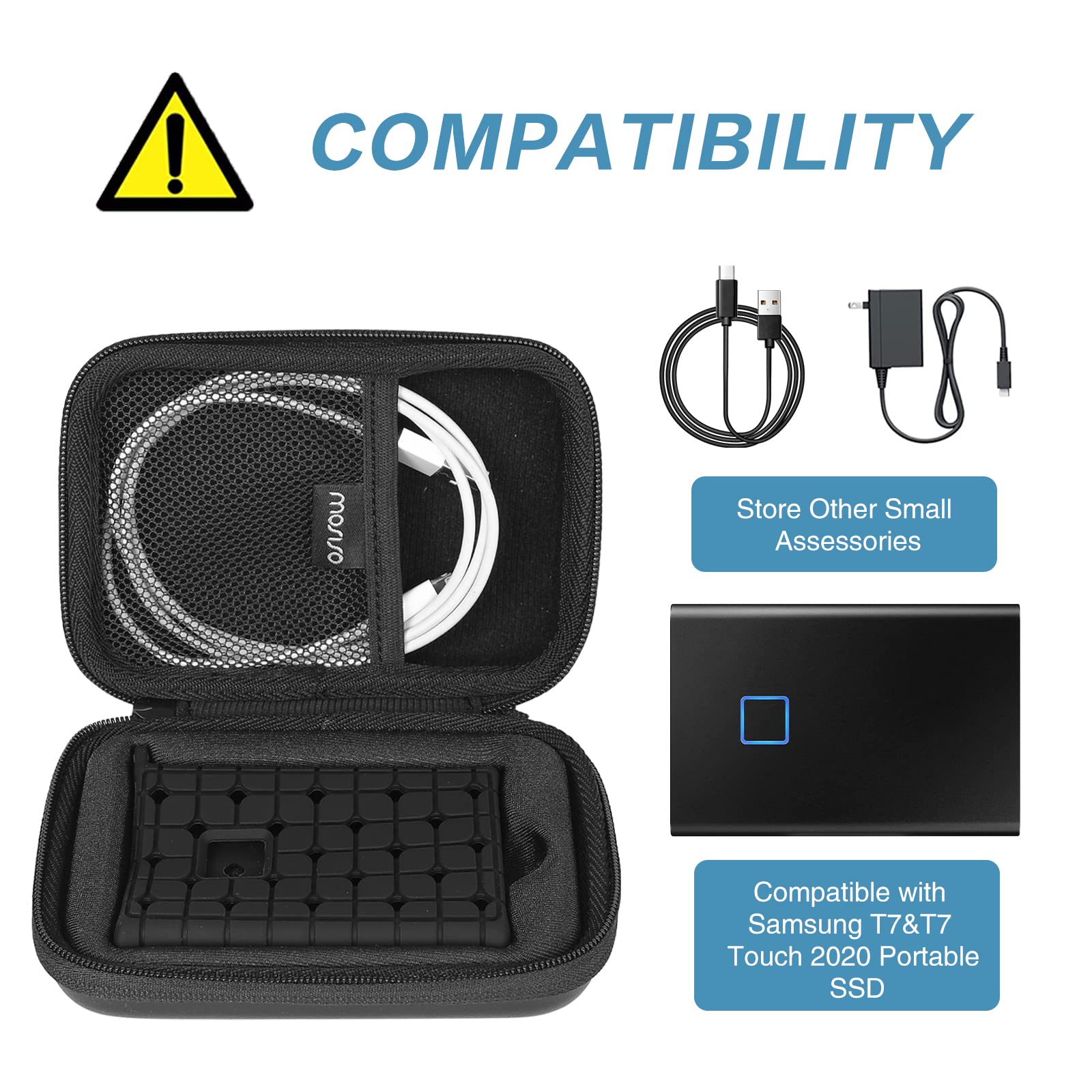 MOSISO Hard Case Compatible with Samsung T7&T7 Touch 2020 Portable SSD 2TB 1TB 500GB 3.2 External Solid State Drive,Portable EVA Travel Carrying Case Storage Bag with Silicone Cover&Hand Strap, Black