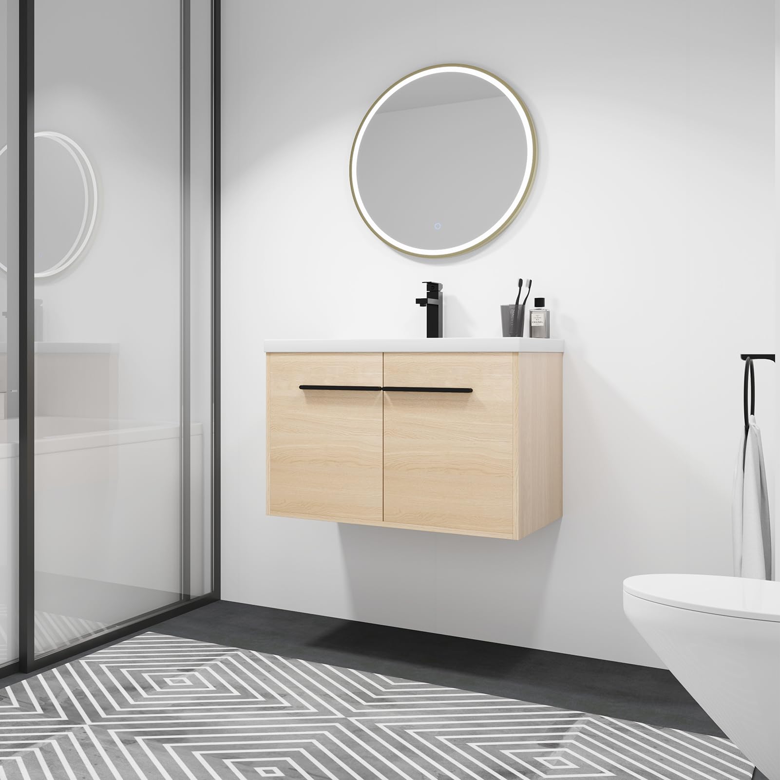 30 Inch Floating Bathroom Vanity Sink Combo, Compact Bathroom Vanity Set with Resin Sink Wall Mounted Bathroom Storage Cabinet with 2 Doors for Small Space, Oak