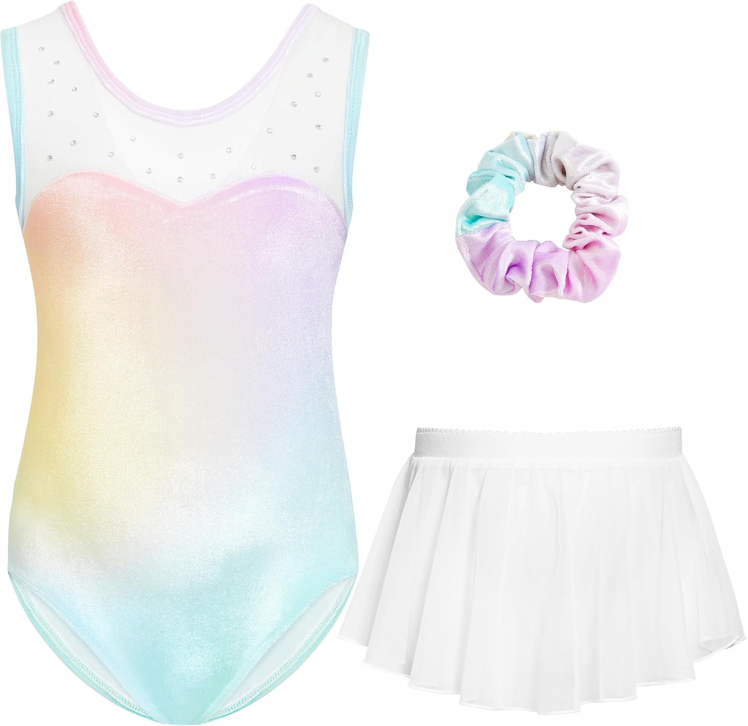 Gogokids Velvet Gymnastics Leotards for Girls Mesh Collar Ballet Leotards Dance Unitards with Skirt Combo for 3-12 Years