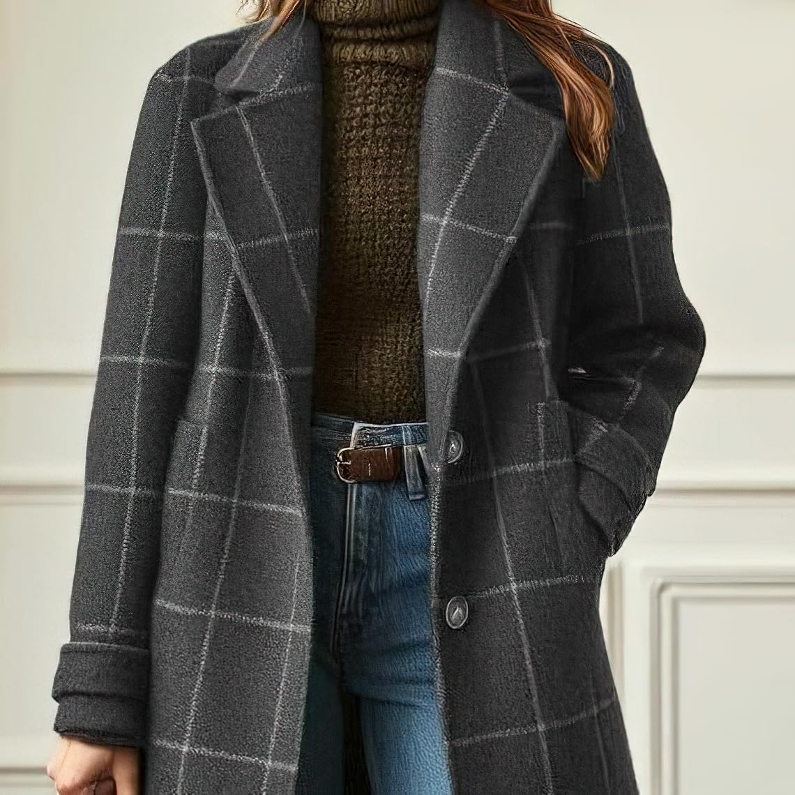 Women's Retro Plaid Lapel Coat, Mid-Length Casual Elegant Outerwear for Autumn Winter - 4