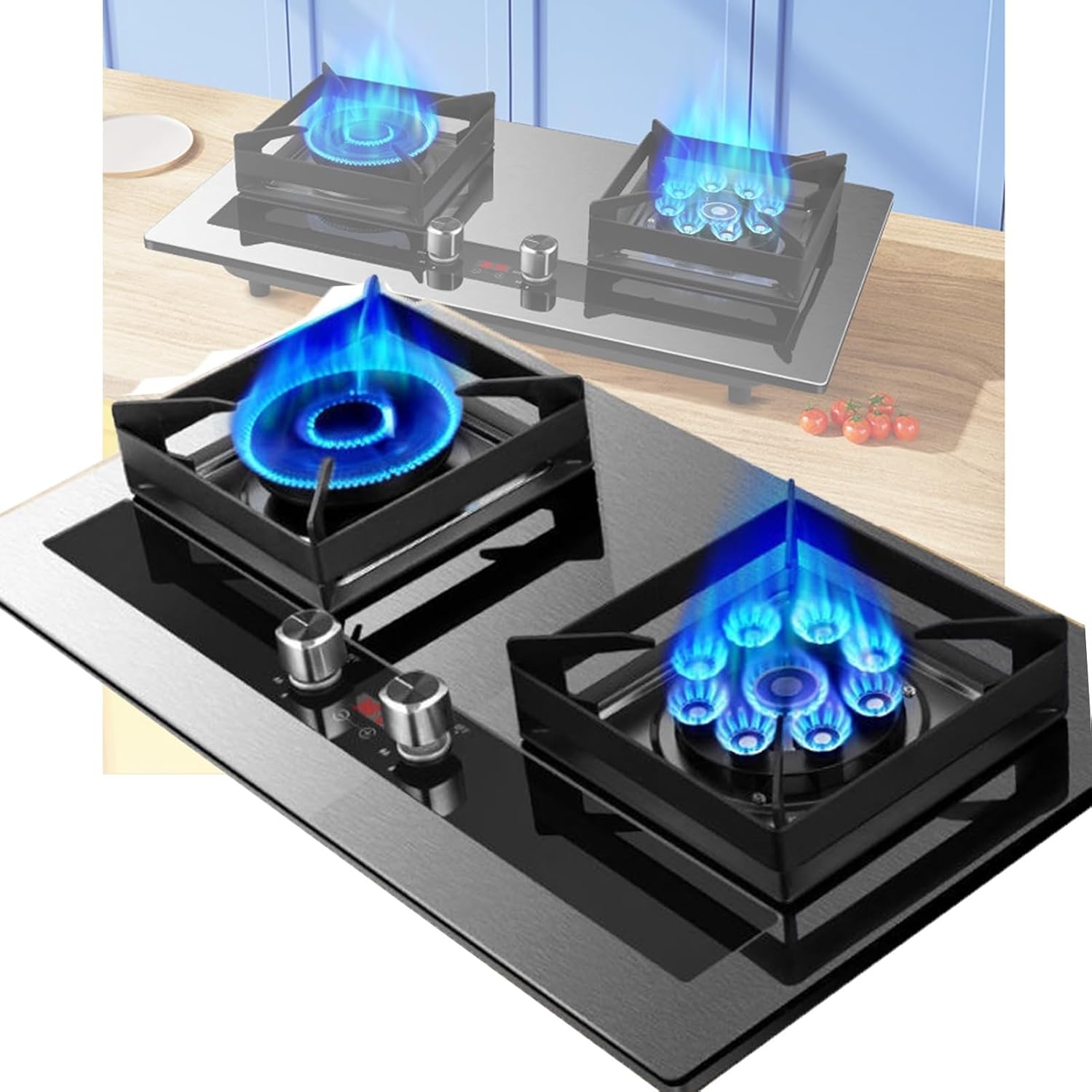 Estufa de Gas 2 Puestos 75 cm Portátil Temporizador Vidrio Templado