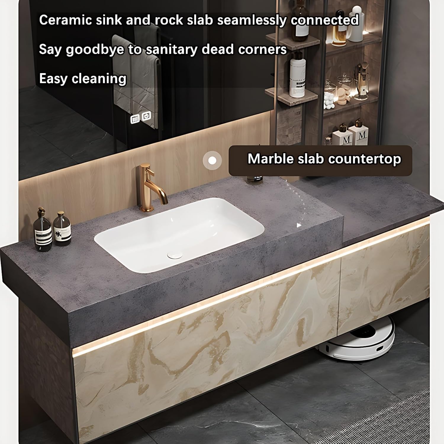 Bathroom Vanity with Sink- Modern Bathroom Sink Vanity with Smart LED Defog Mirror ? 2 Drawers, Solid Wood Bathroom Cabinet, Wall Mounted (White, 44'')