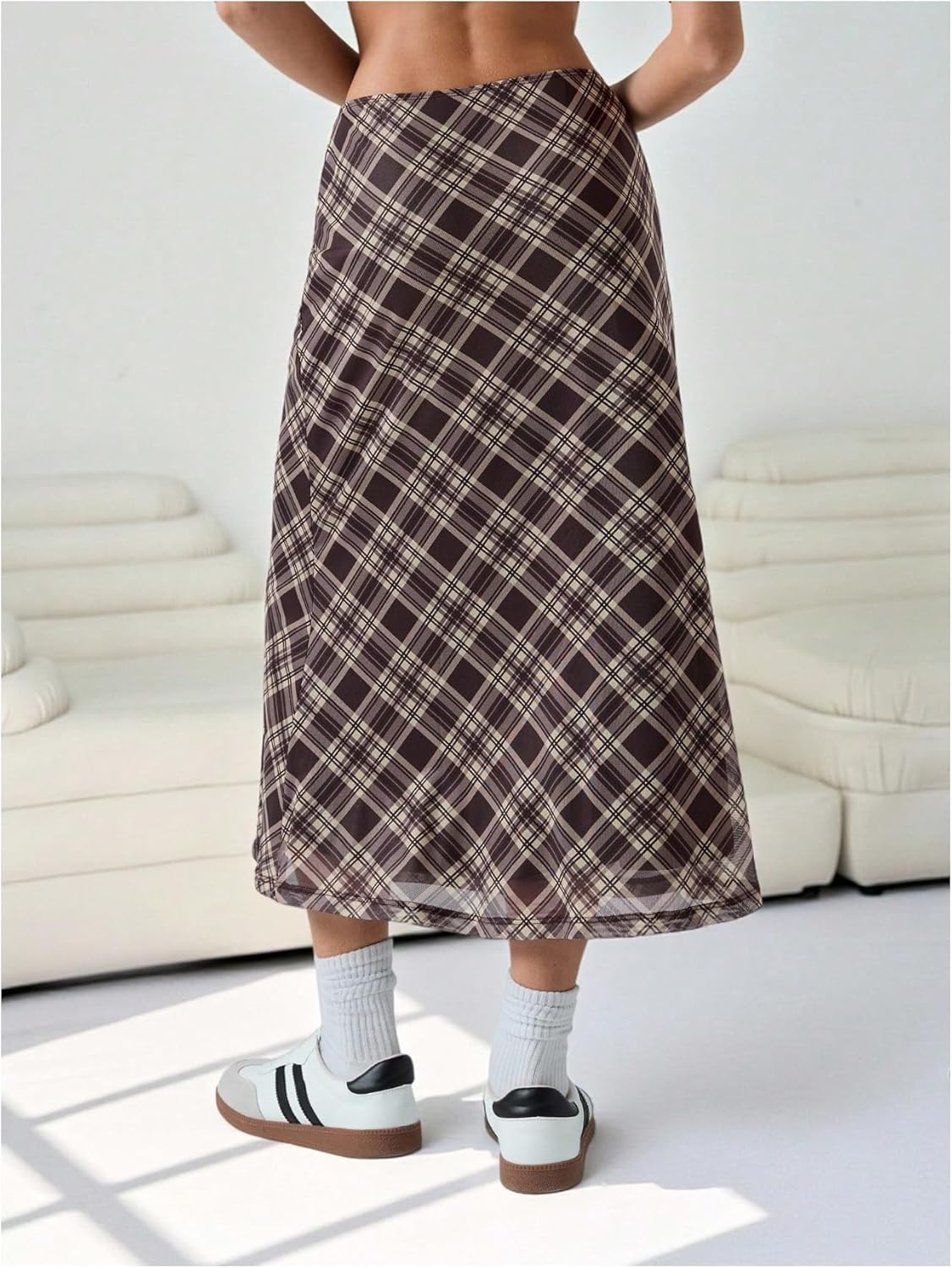 SHENHE Women's Y2k Mesh Plaid Skirt Low Rise A Line Flared Vintage Fall Midi Skirt - Image 2