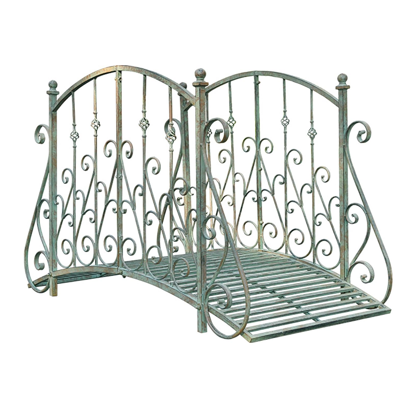 Puente de jardín Zen con arco de metal de 60 pulgadas con barandillas laterales de seguridad, pasarela decorativa, delicados volutas florales for arroyo, estanque de peces, antiguo, fácil de montar y