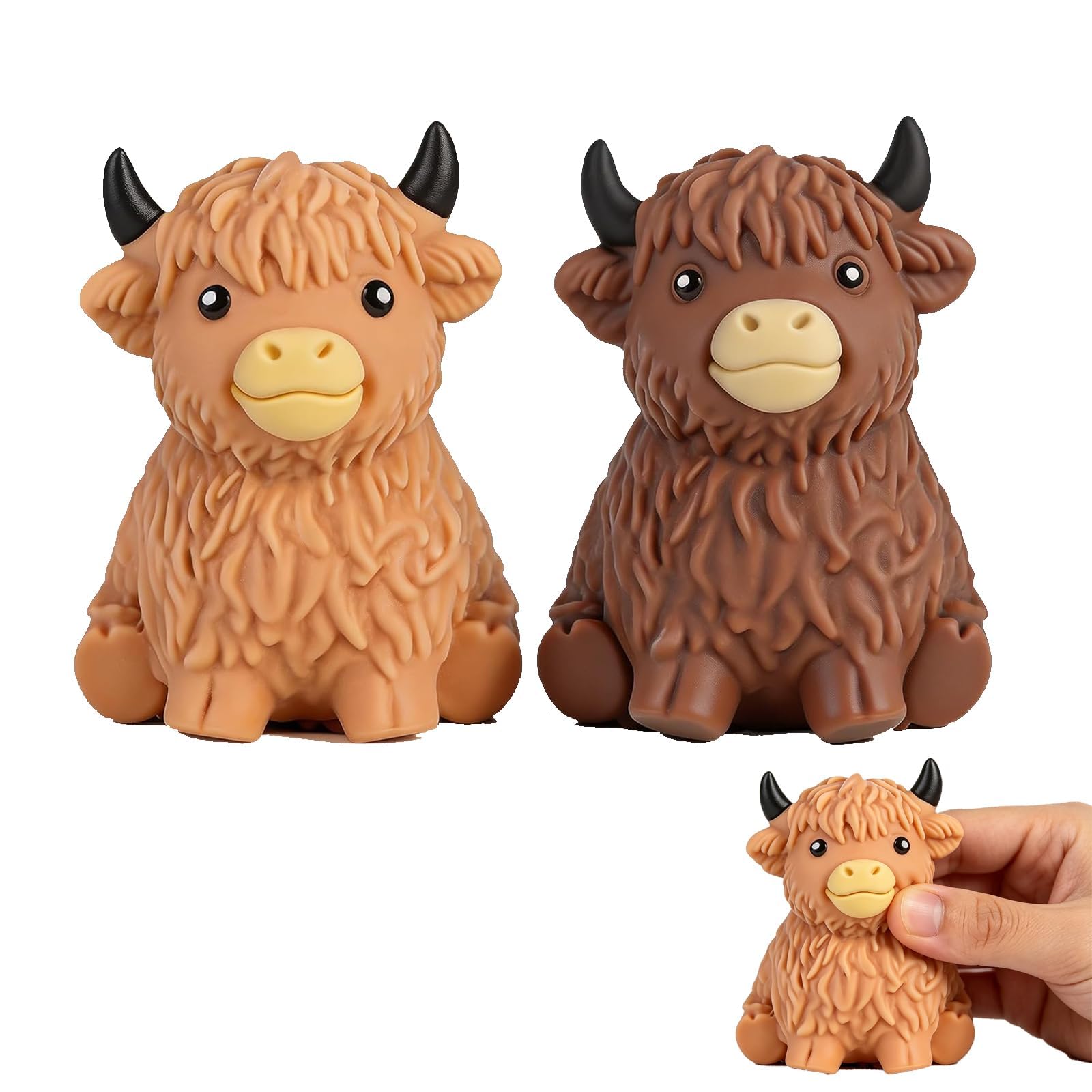 2 PCS Highland Cow Squishy, Squeeze Toy Slow Rise Desk Decor, Brown