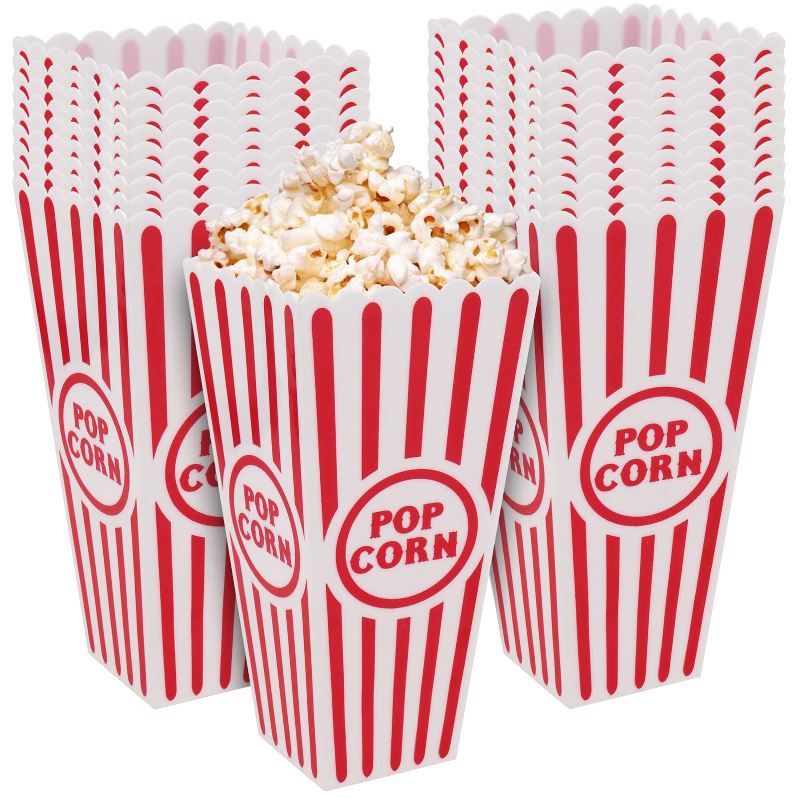 MUKLEI Confezione da 20 contenitori in plastica per popcorn, stile retrò, a righe, colore rosso e bianco, classici, per feste di compleanno, serate cinematografiche, matrimoni