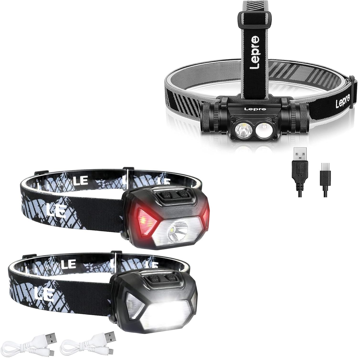 LE Bundle - 2 Items : 320014-2 Rechargeable Headlamp & Powerful 1000 Lumen Detachable LED Headlight with Red Light